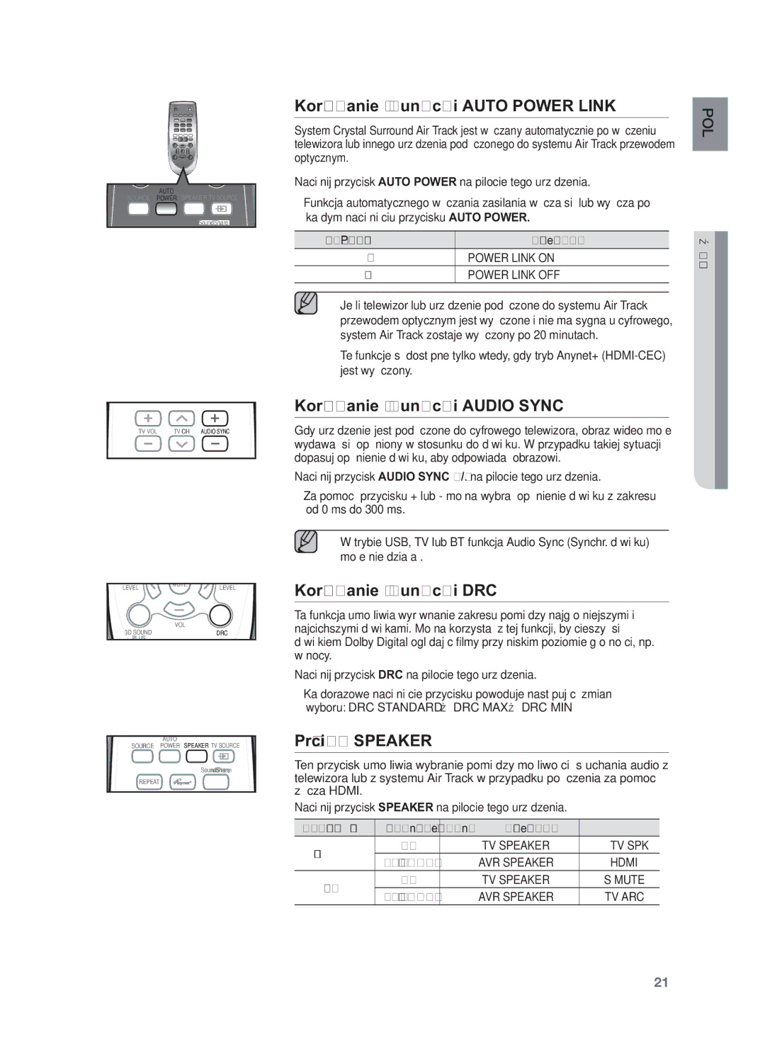 Samsung HW-F550/EN Korzystanie z funkcji Auto Power Link, Korzystanie z funkcji Audio Sync, Korzystanie z funkcji DRC 