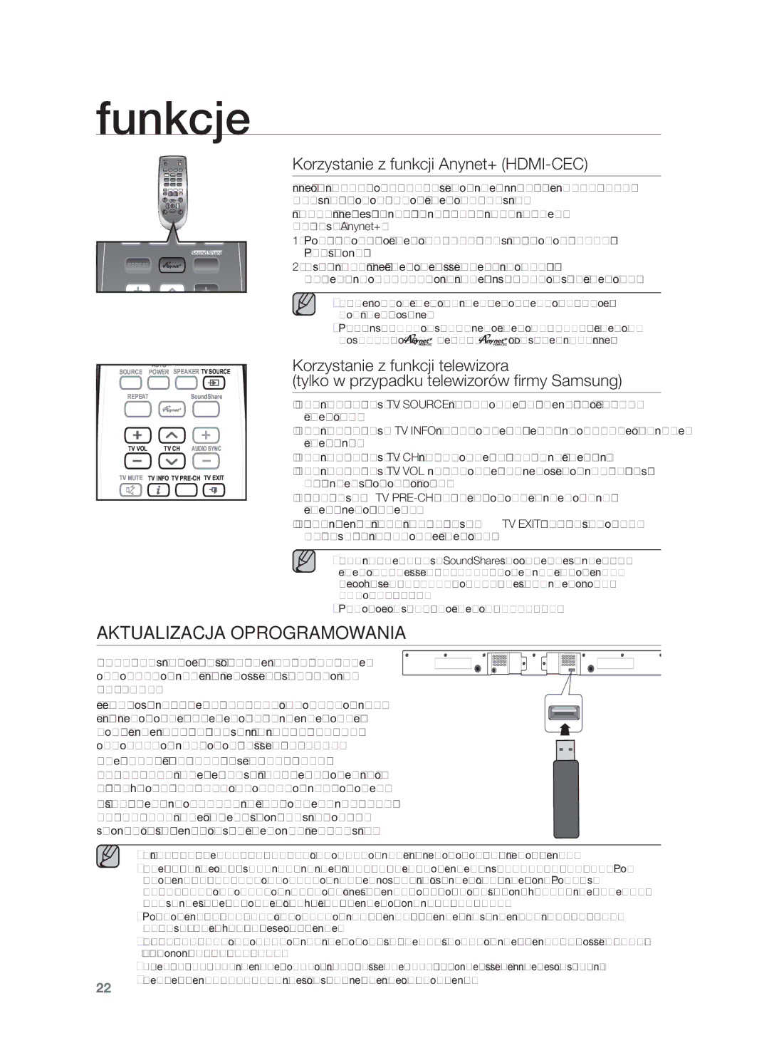 Samsung HW-F550/XE, HW-F551/EN, HW-F550/EN, HW-F551/XE Aktualizacja Oprogramowania, Korzystanie z funkcji Anynet+ HDMI-CEC 