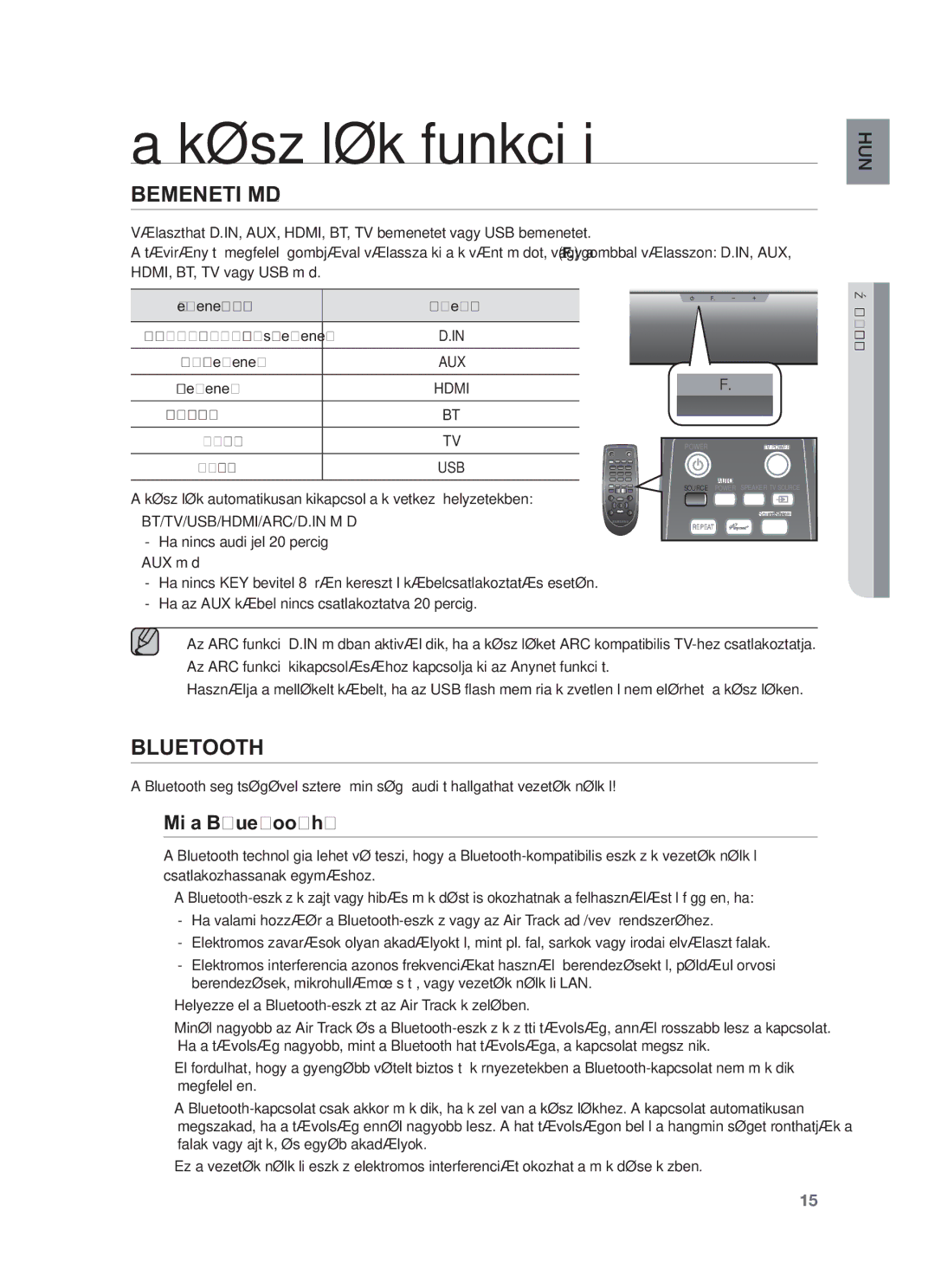 Samsung HW-F551/EN manual Készülék funkciói, Bemeneti MÓD, Mi a Bluetooth?, Bt/Tv/Usb/Hdmi/Arc/D.In Mód, Készülék Funkciói 