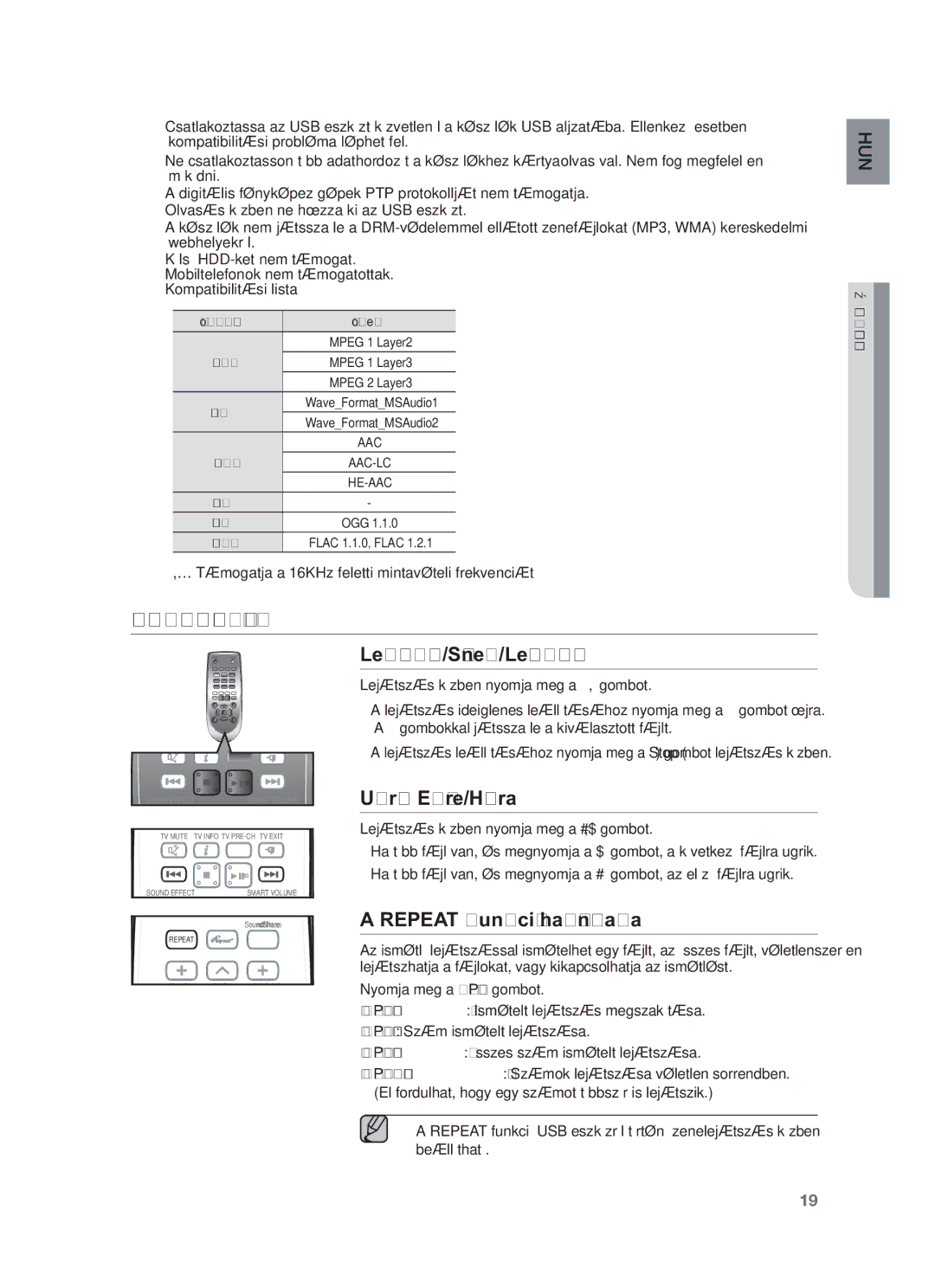 Samsung HW-F551/EN manual Távvezérlő Használata, Lejátszás/Szünet/Leállítás, Ugrás Előre/Hátra, Repeat funkció használata 