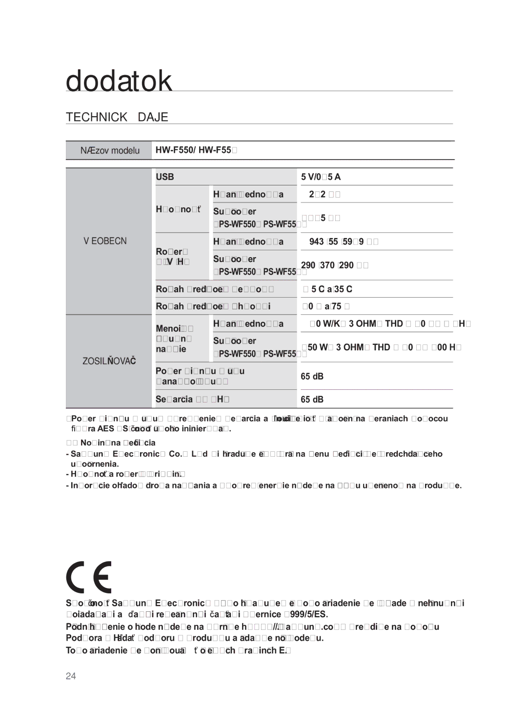 Samsung HW-F550/XE, HW-F551/EN, HW-F550/EN, HW-F551/XE manual Dodatok, Technické Údaje 