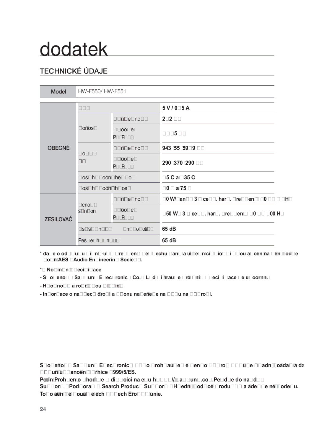 Samsung HW-F551/XE, HW-F551/EN, HW-F550/EN, HW-F550/XE manual Technické Údaje, Obecné Zesilovač 