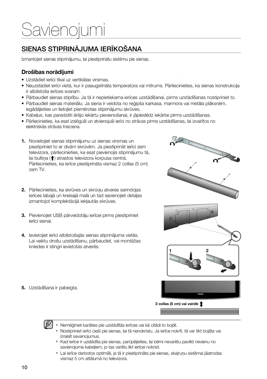 Samsung HW-F551/EN Savienojumi, Sienas Stiprinājuma Ierīkošana, Iegādājieties un lietojiet piemērotas stiprinājumu skrūves 