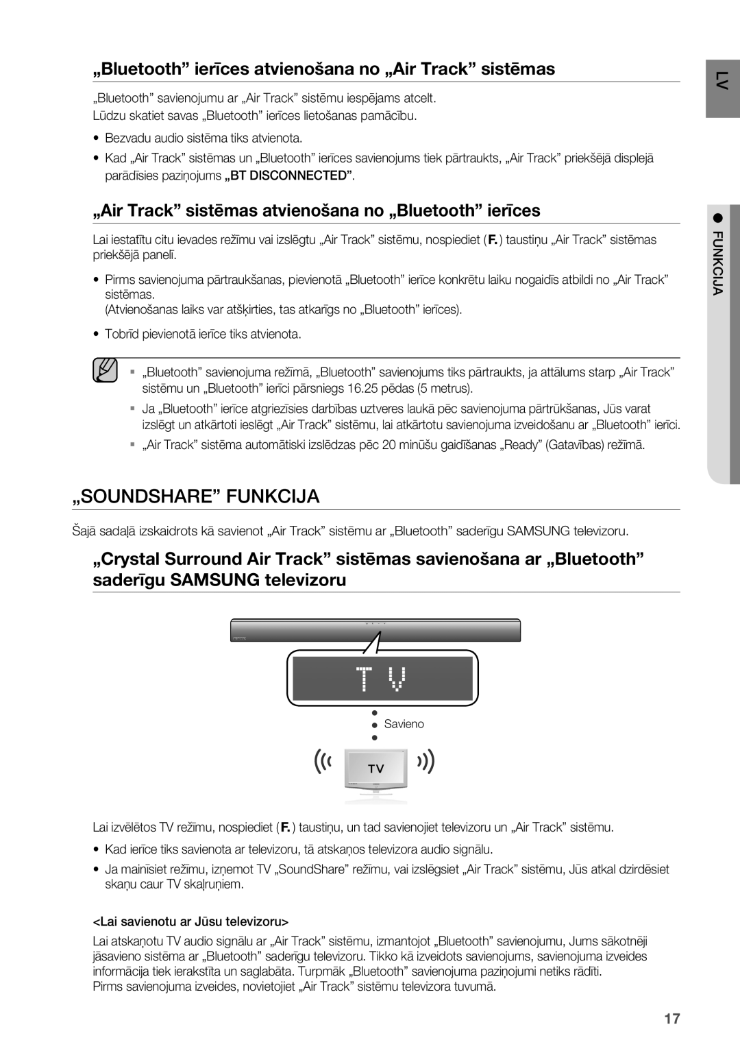 Samsung HW-F551/EN manual „SOUNDSHARE Funkcija, „Bluetooth ierīces atvienošana no „Air Track sistēmas 