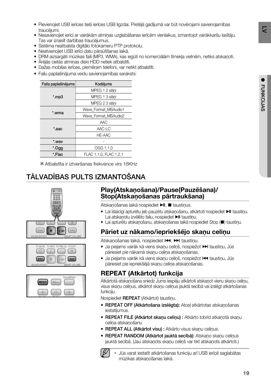 Samsung HW-F551/EN manual Tālvadības Pults Izmantošana, Pāriet uz nākamo/iepriekšējo skaņu celiņu, Repeat Atkārtot funkcija 