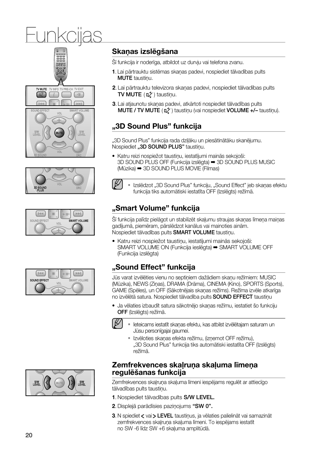 Samsung HW-F551/EN manual Skaņas izslēgšana, „3D Sound Plus funkcija, „Smart Volume funkcija, „Sound Effect funkcija 