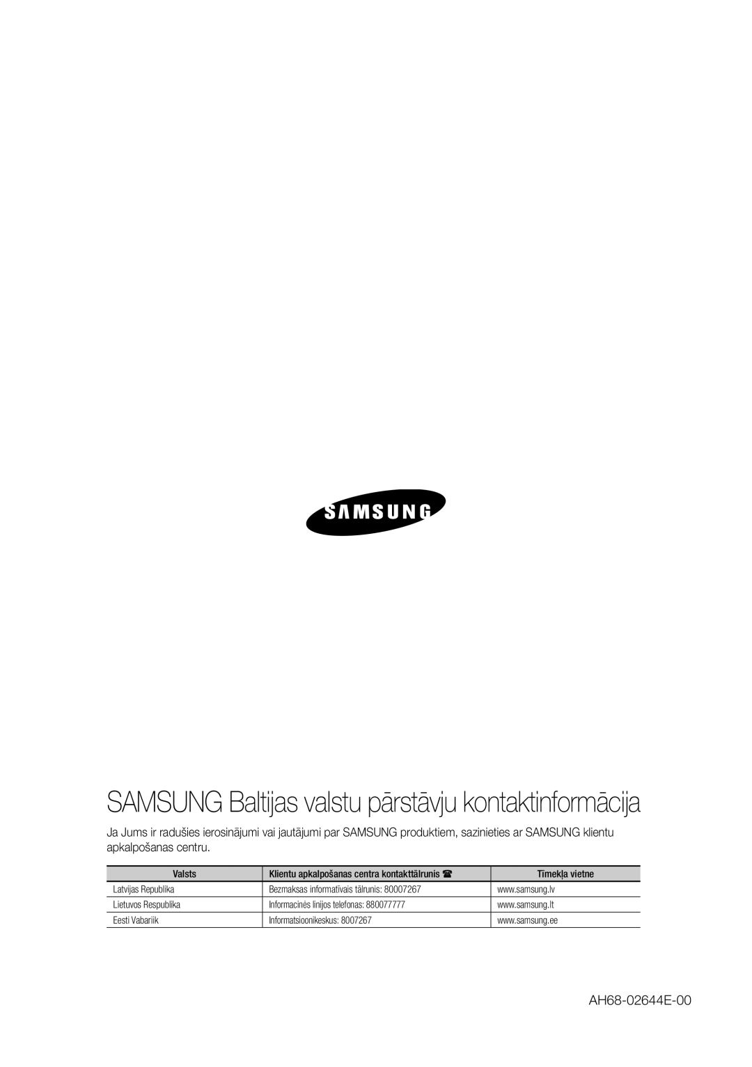 Samsung HW-F551/EN manual Samsung Baltijas valstu pārstāvju kontaktinformācija, AH68-02644E-00 