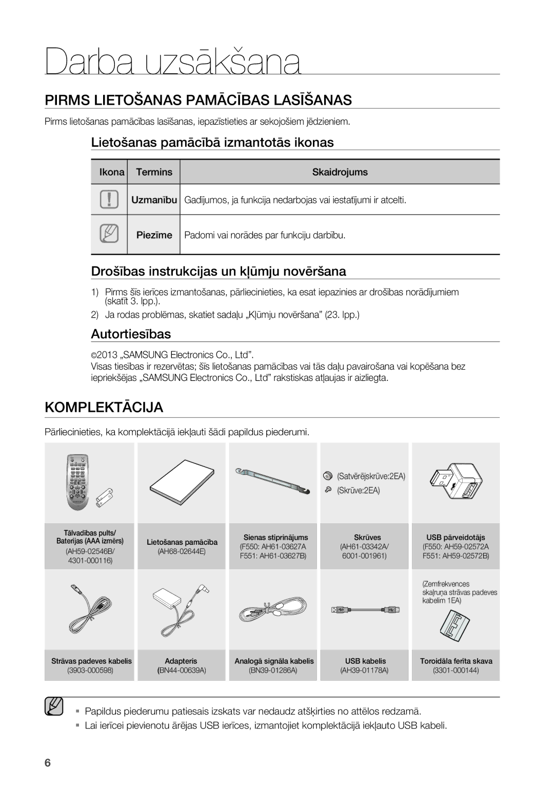 Samsung HW-F551/EN manual Darba uzsākšana, Pirms Lietošanas Pamācības Lasīšanas, Komplektācija 