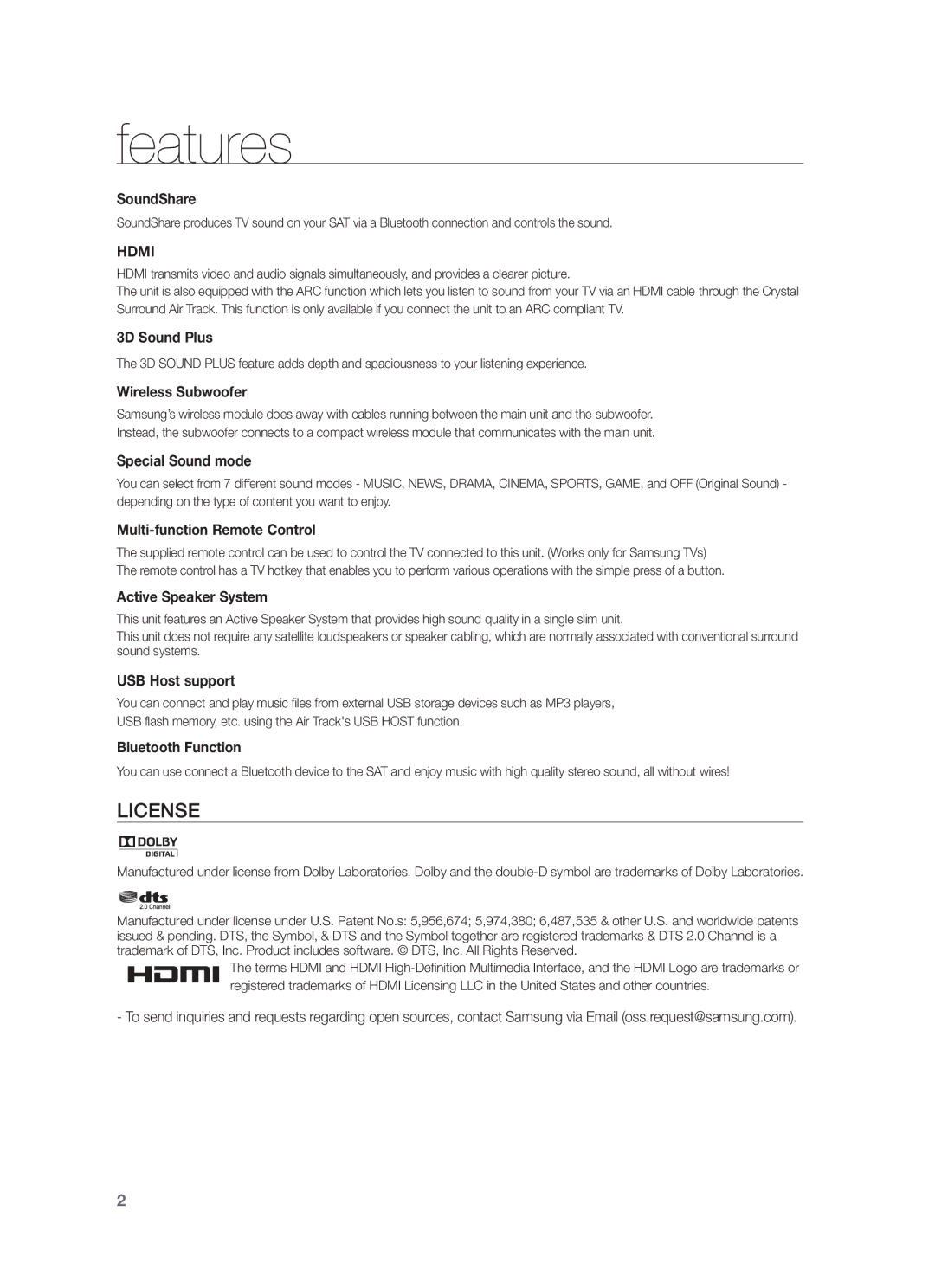 Samsung HW-F551/SQ manual Features, Hdmi 