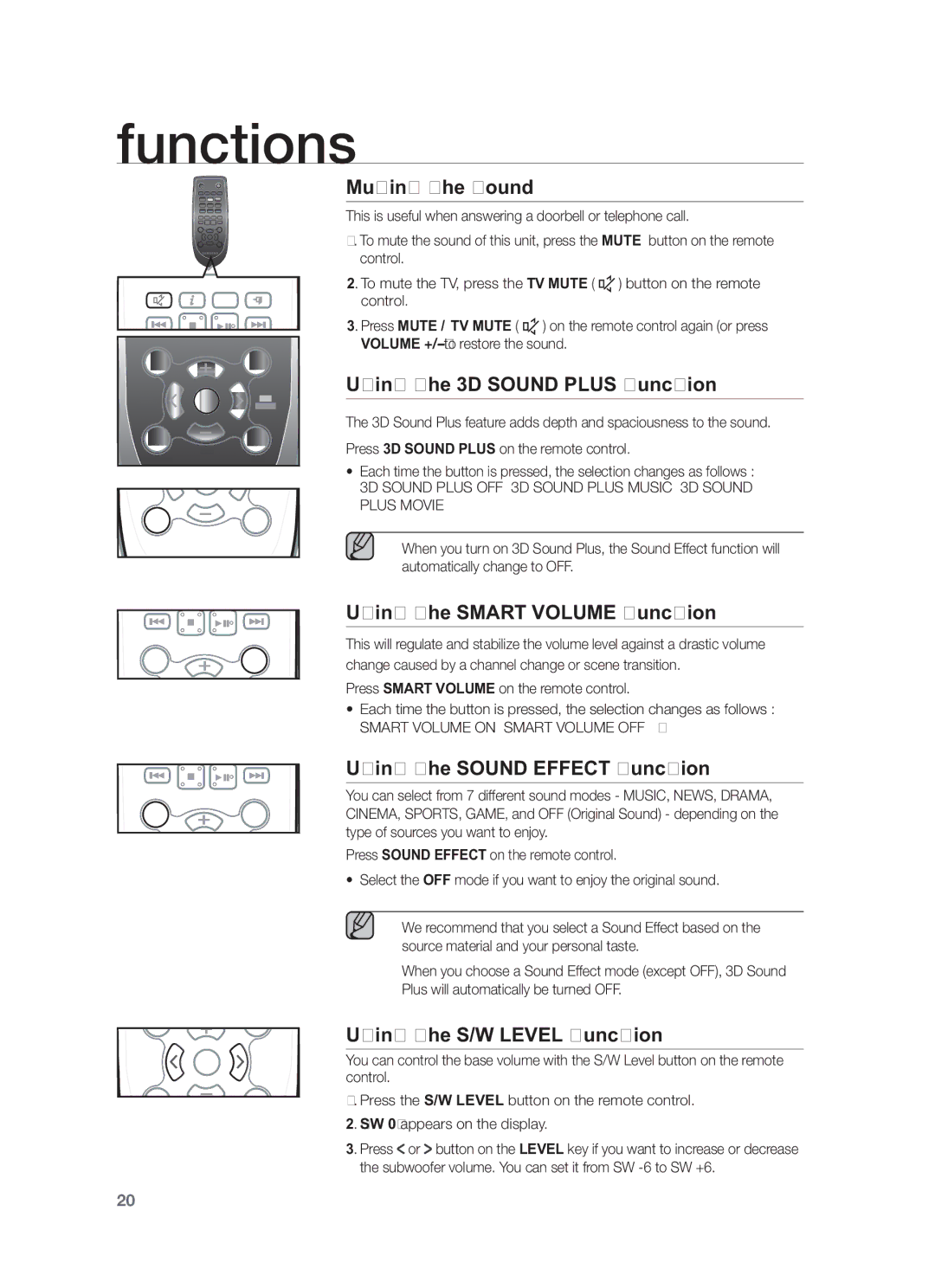 Samsung HW-F551/SQ manual Muting the sound, Using the 3D Sound Plus function, Using the Smart Volume function 