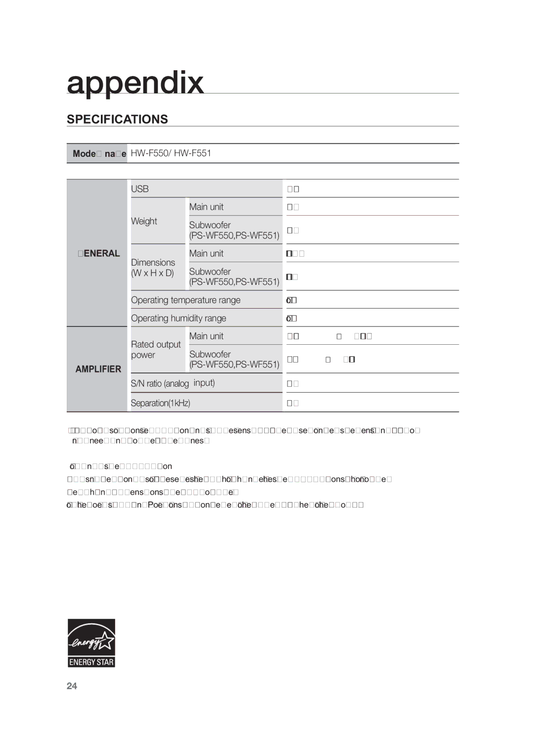 Samsung HW-F551/SQ manual Appendix, Specifications 