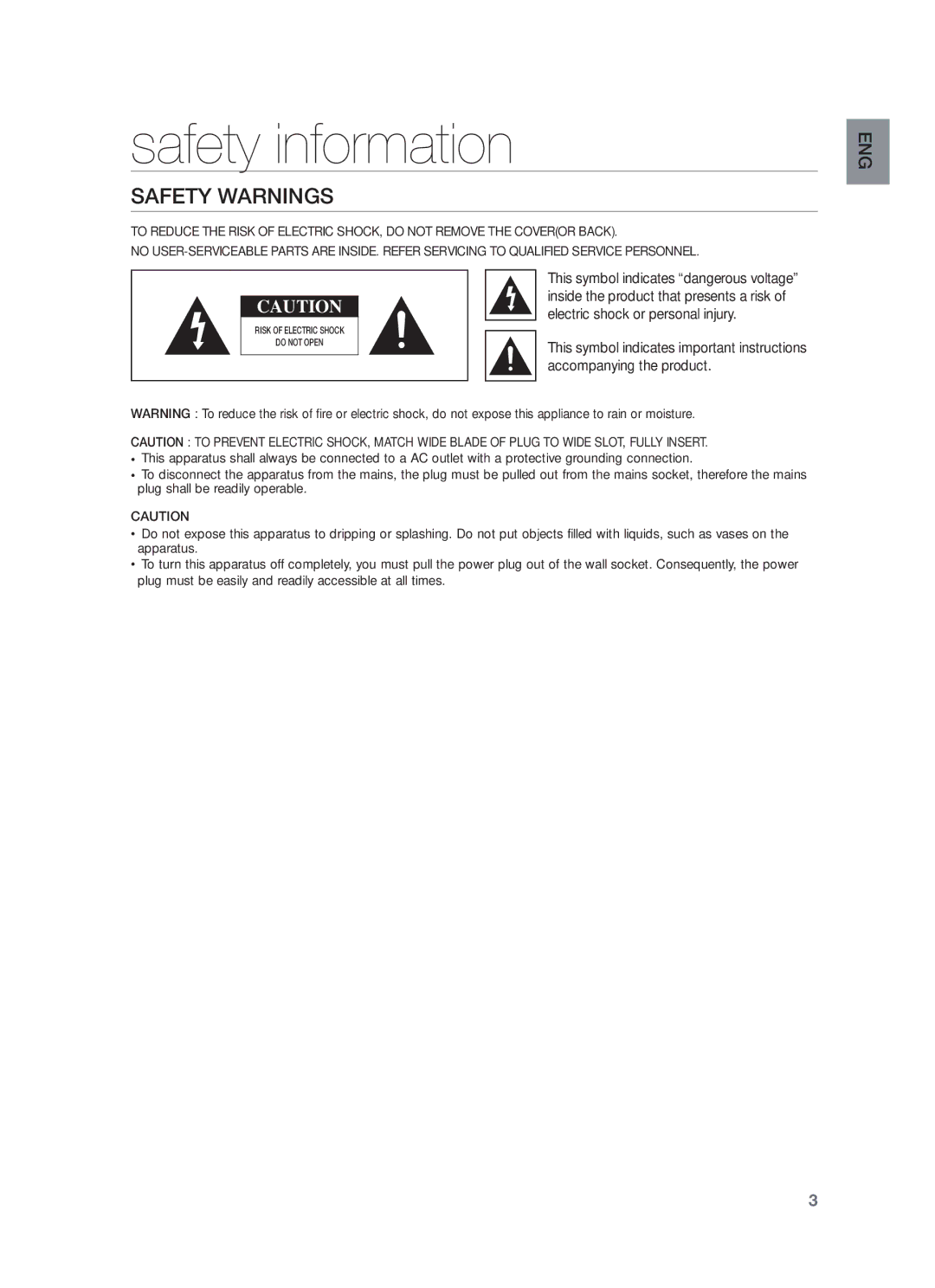 Samsung HW-F551/SQ manual Safety information, Safety Warnings, Electric shock or personal injury, Accompanying the product 