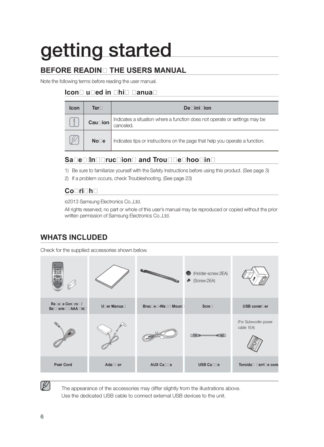 Samsung HW-F551/SQ manual Getting started, Before Reading the USER’S Manual, WHAT’S Included 