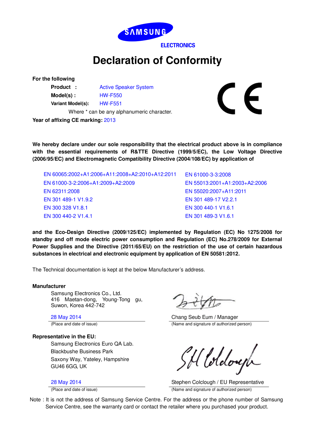 Samsung HW-F551/EN, HW-F551/XN manual Declaration of Conformity, For the following, Models HW-F550, Manufacturer 