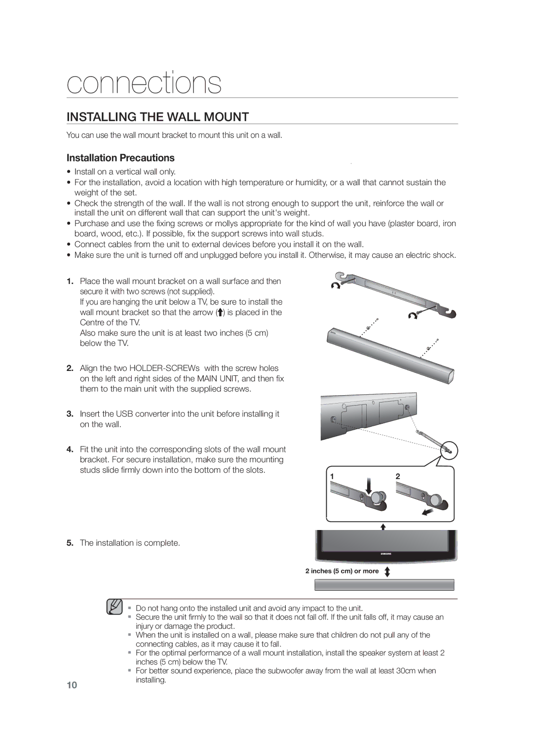 Samsung HW-F551/TK, HW-F551/XN, HW-F551/EN, HW-F550/EN manual Connections, Installing the Wall Mount, Installation is complete 