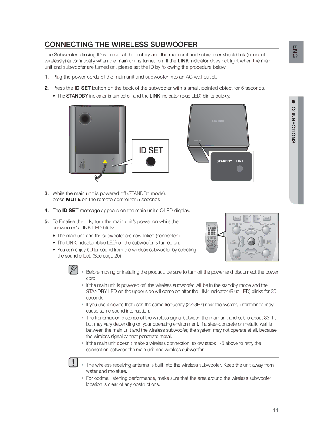 Samsung HW-F550/XN, HW-F551/XN, HW-F551/EN, HW-F550/EN, HW-F551/TK, HW-F551/ZF Connecting the Wireless Subwoofer, Connections 