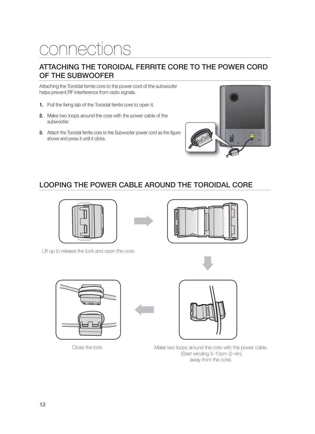 Samsung HW-F551/ZF, HW-F551/XN, HW-F551/EN, HW-F550/EN, HW-F551/TK manual Looping the Power Cable around the Toroidal Core 