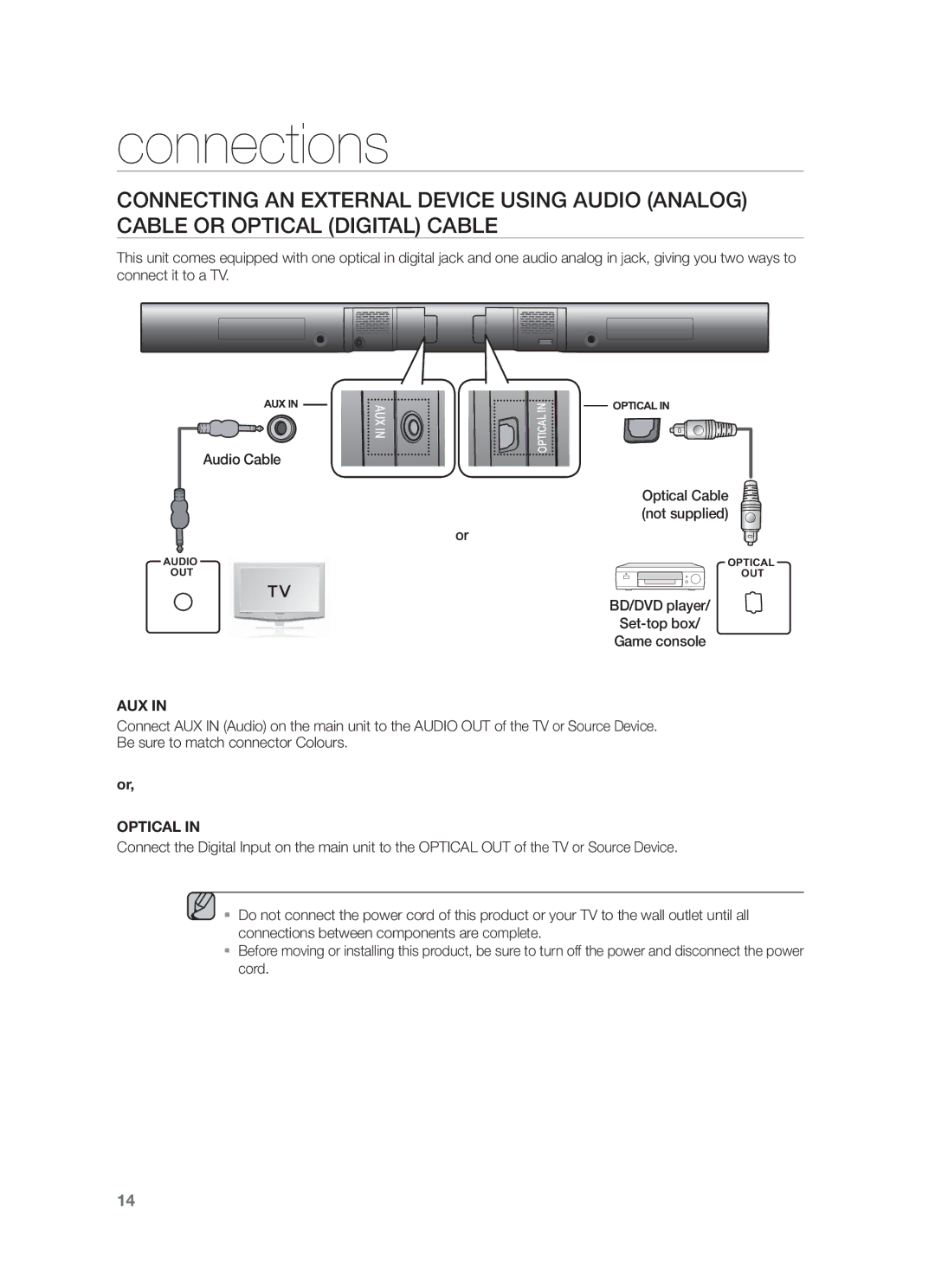 Samsung HW-F551/XN, HW-F551/EN, HW-F550/EN, HW-F551/TK, HW-F550/XN, HW-F551/ZF manual Audio Cable, Optical Cable not supplied 