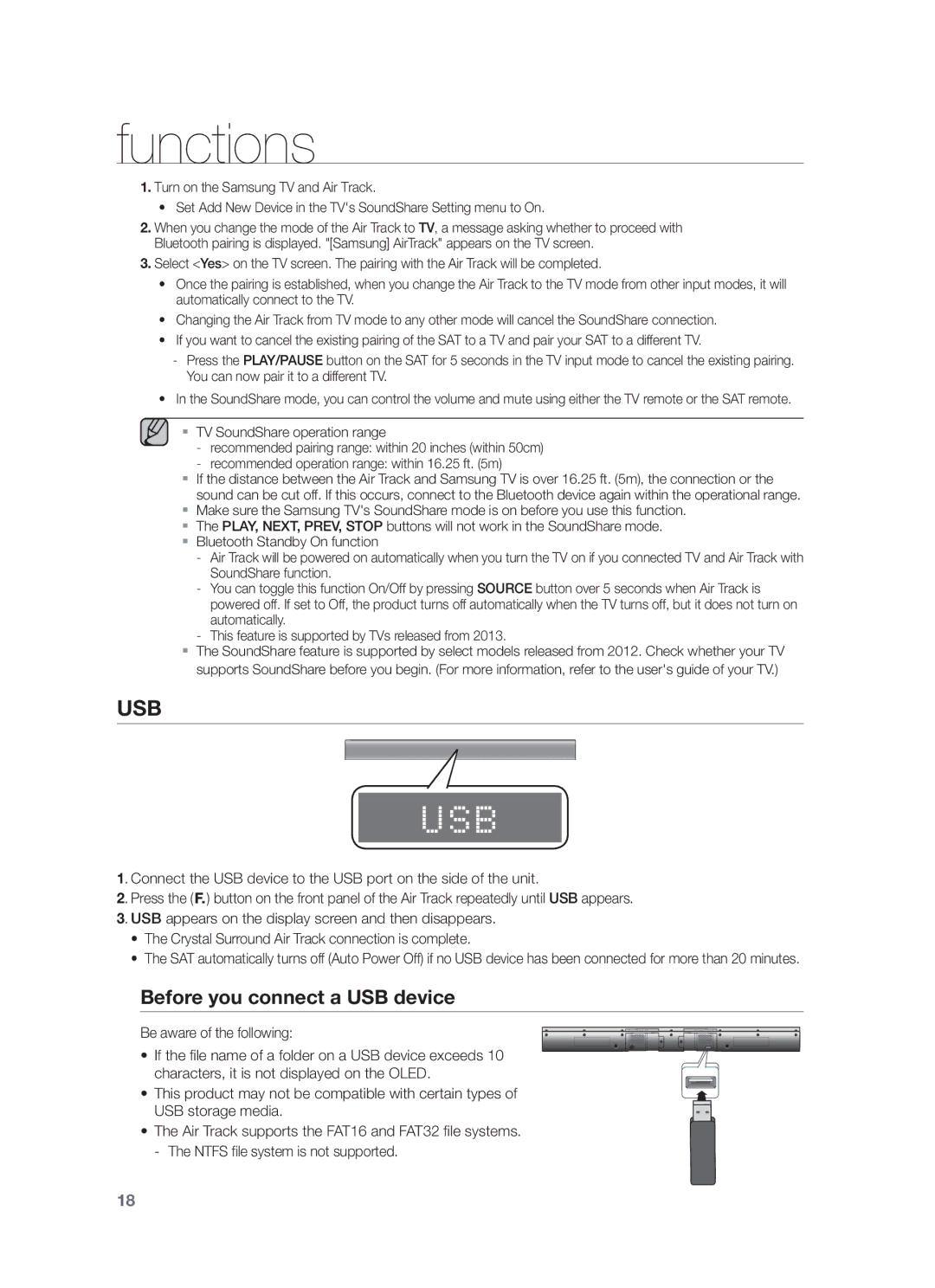 Samsung HW-F550/XN, HW-F551/XN, HW-F551/EN, HW-F550/EN, HW-F551/TK Before you connect a USB device, Be aware of the following 