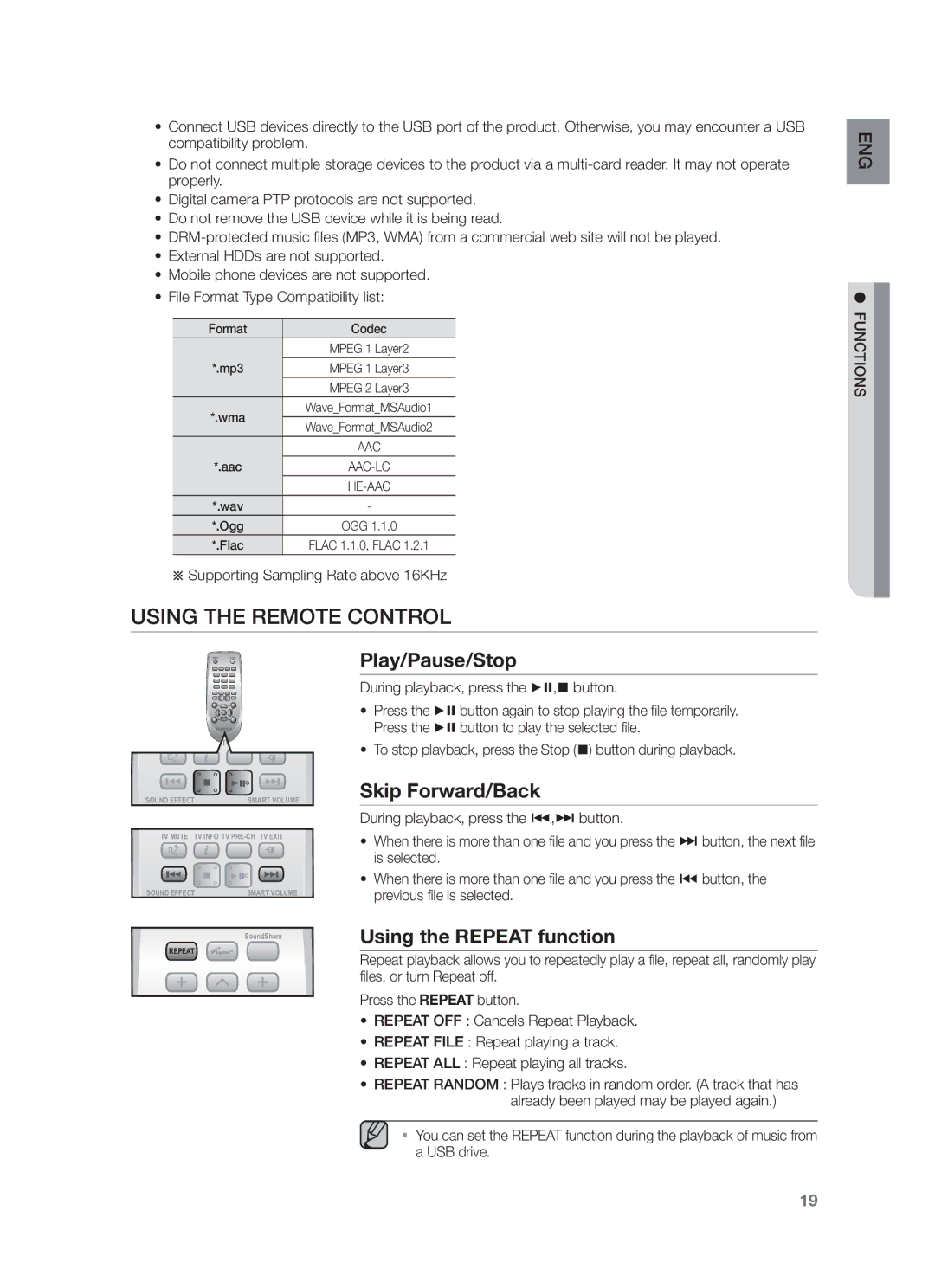 Samsung HW-F551/ZF, HW-F551/XN Using the Remote Control, Play/Pause/Stop, Skip Forward/Back, Using the Repeat function 