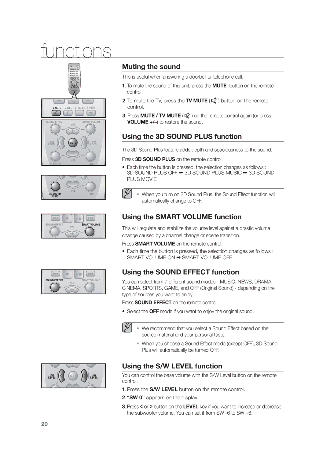 Samsung HW-F550/ZF, HW-F551/XN manual Muting the sound, Using the 3D Sound Plus function, Using the Smart Volume function 