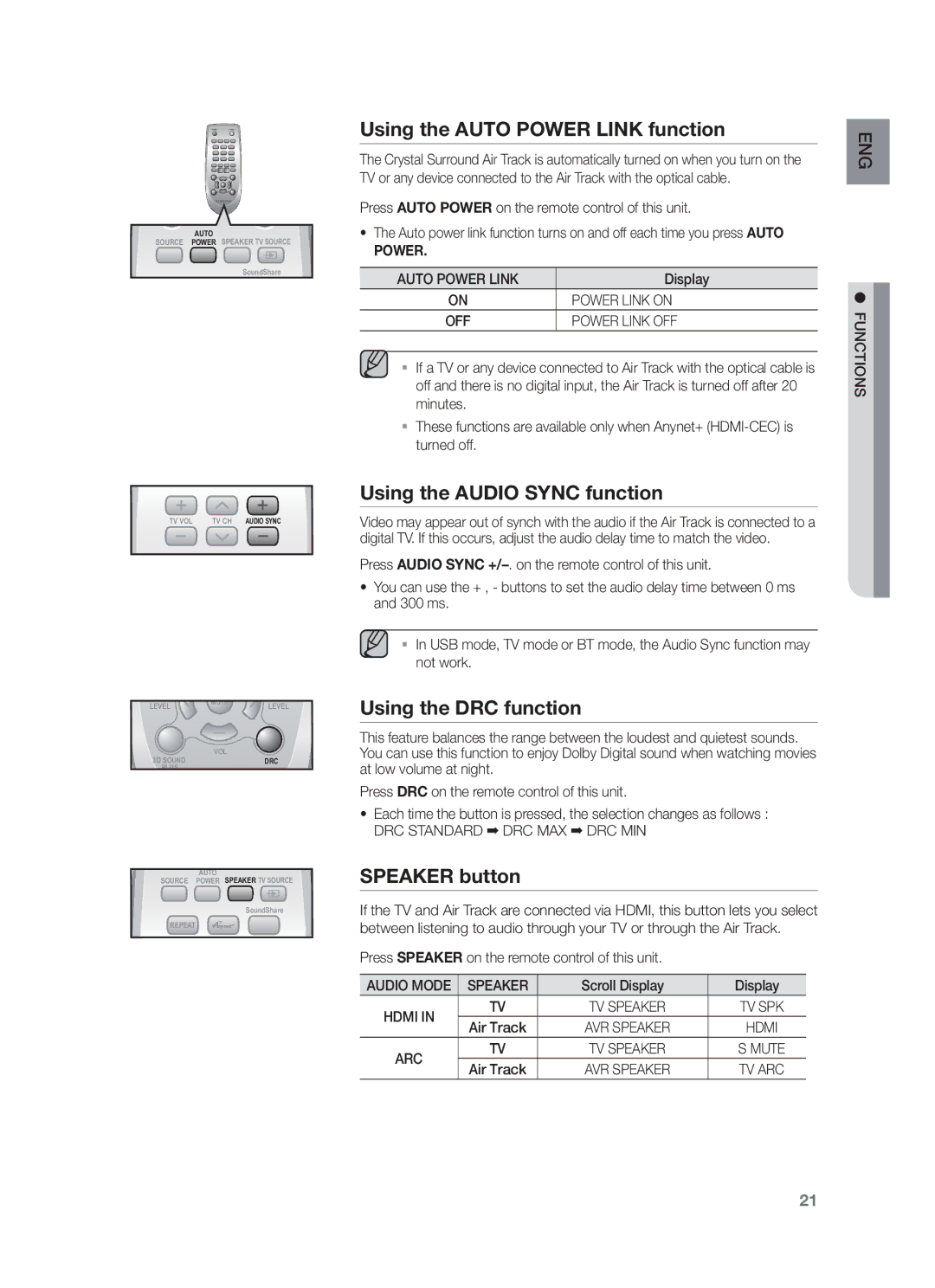 Samsung HW-F551/XN, HW-F551/EN Using the Auto Power Link function, Using the Audio Sync function, Using the DRC function 