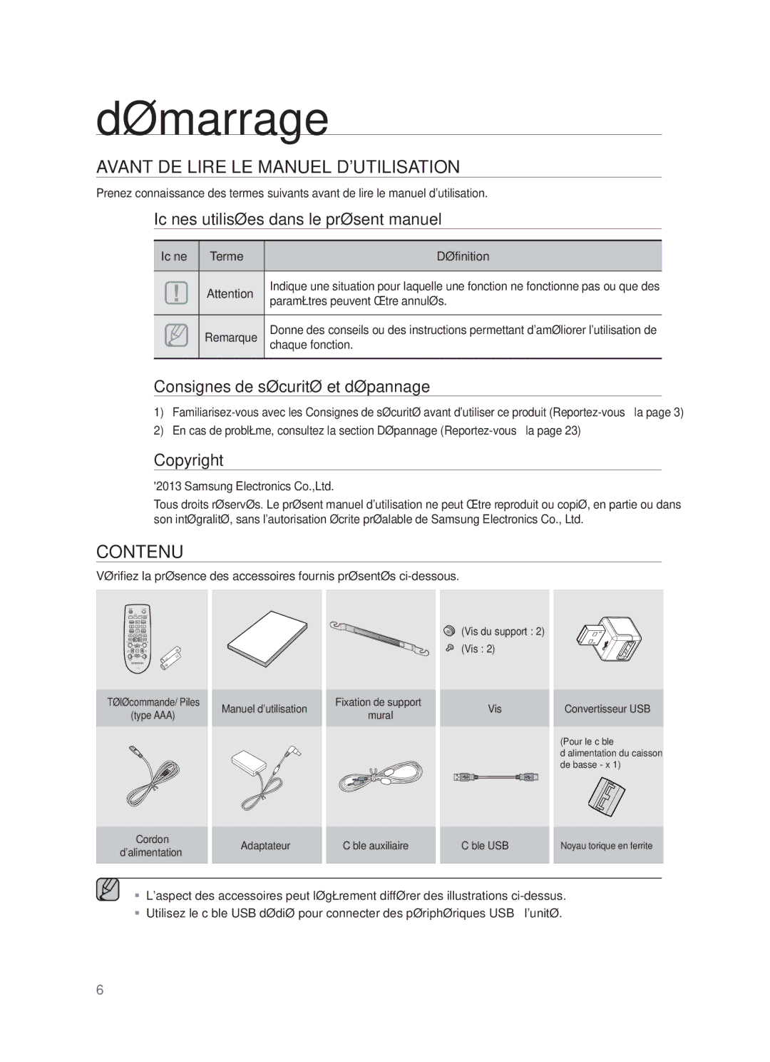 Samsung HW-F551/TK, HW-F551/XN, HW-F551/EN, HW-F550/EN, HW-F550/XN Démarrage, Avant DE Lire LE Manuel Dutilisation, Contenu 