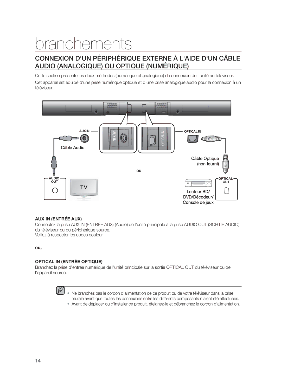 Samsung HW-F550/XN, HW-F551/XN, HW-F551/EN, HW-F550/EN, HW-F551/TK, HW-F551/ZF, HW-F550/ZF manual Câble Audio, AUX in Entrée AUX 