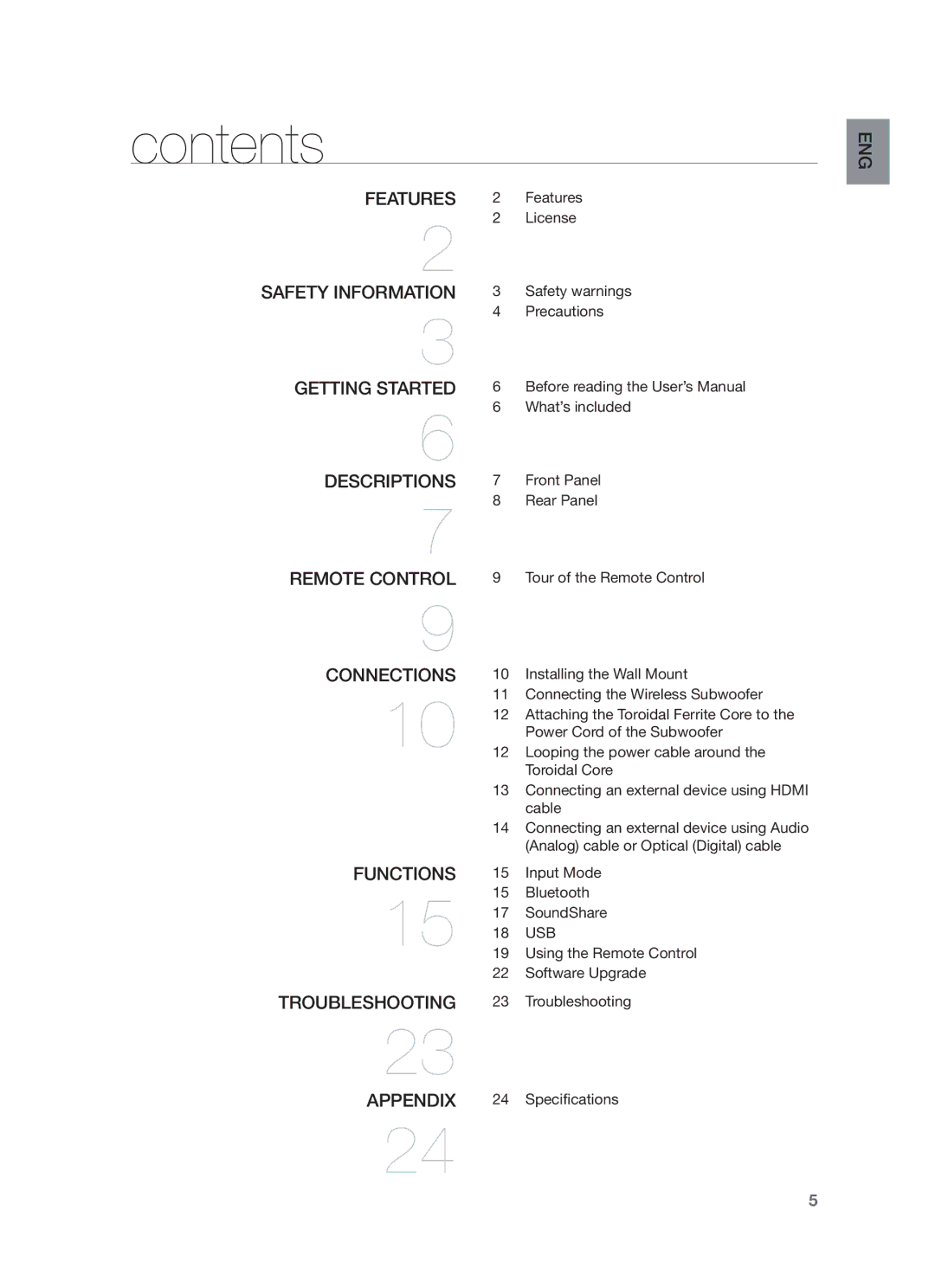 Samsung HW-F551/ZF, HW-F551/XN, HW-F551/EN, HW-F550/EN, HW-F551/TK, HW-F550/XN, HW-F550/ZF manual Contents 