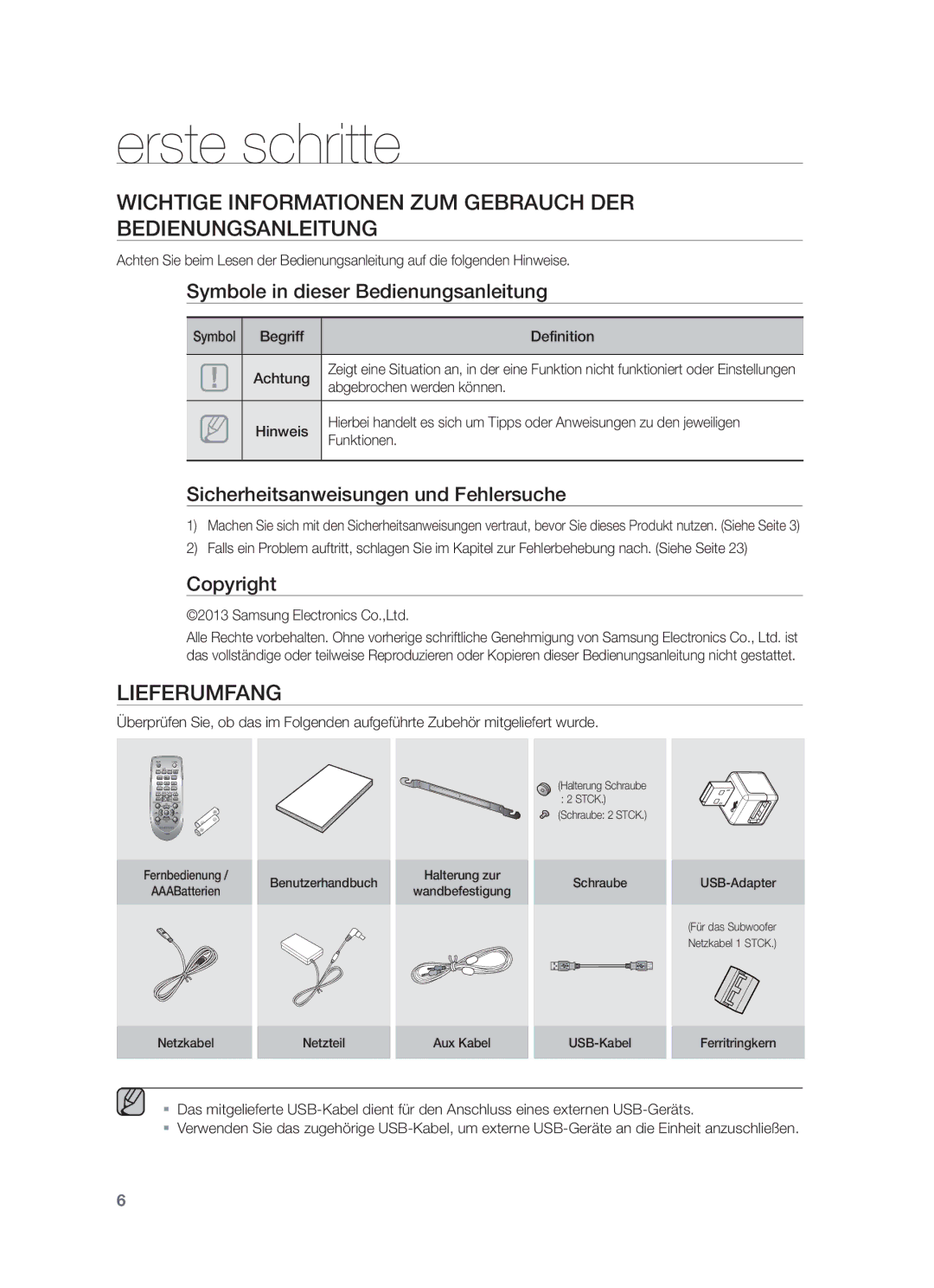 Samsung HW-F551/XN, HW-F551/EN Erste schritte, Wichtige Informationen ZUM Gebrauch DER Bedienungsanleitung, Lieferumfang 