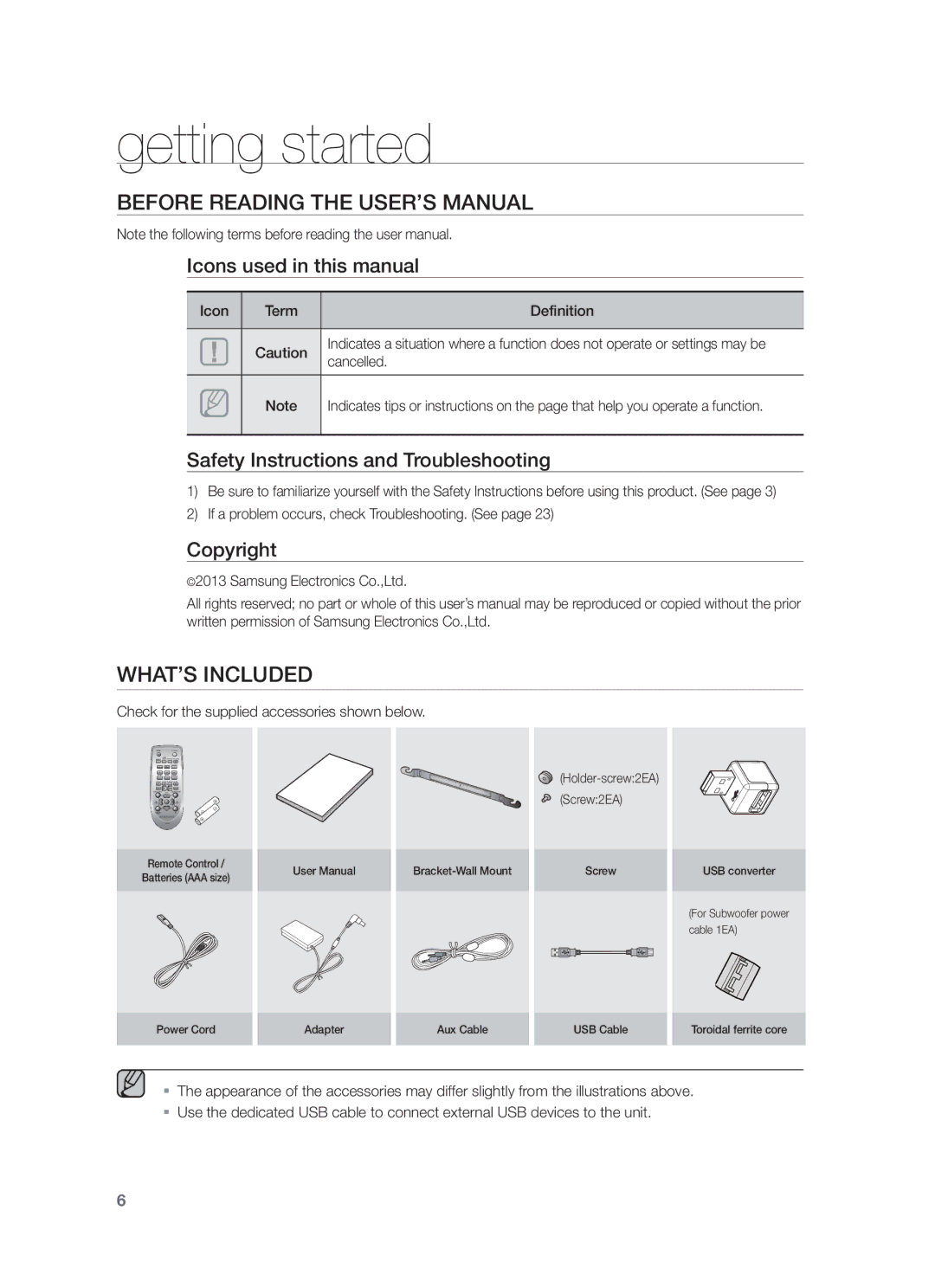 Samsung HW-F550/ZF, HW-F551/XN, HW-F551/EN, HW-F550/EN Getting started, Before Reading the USER’S Manual, WHAT’S Included 