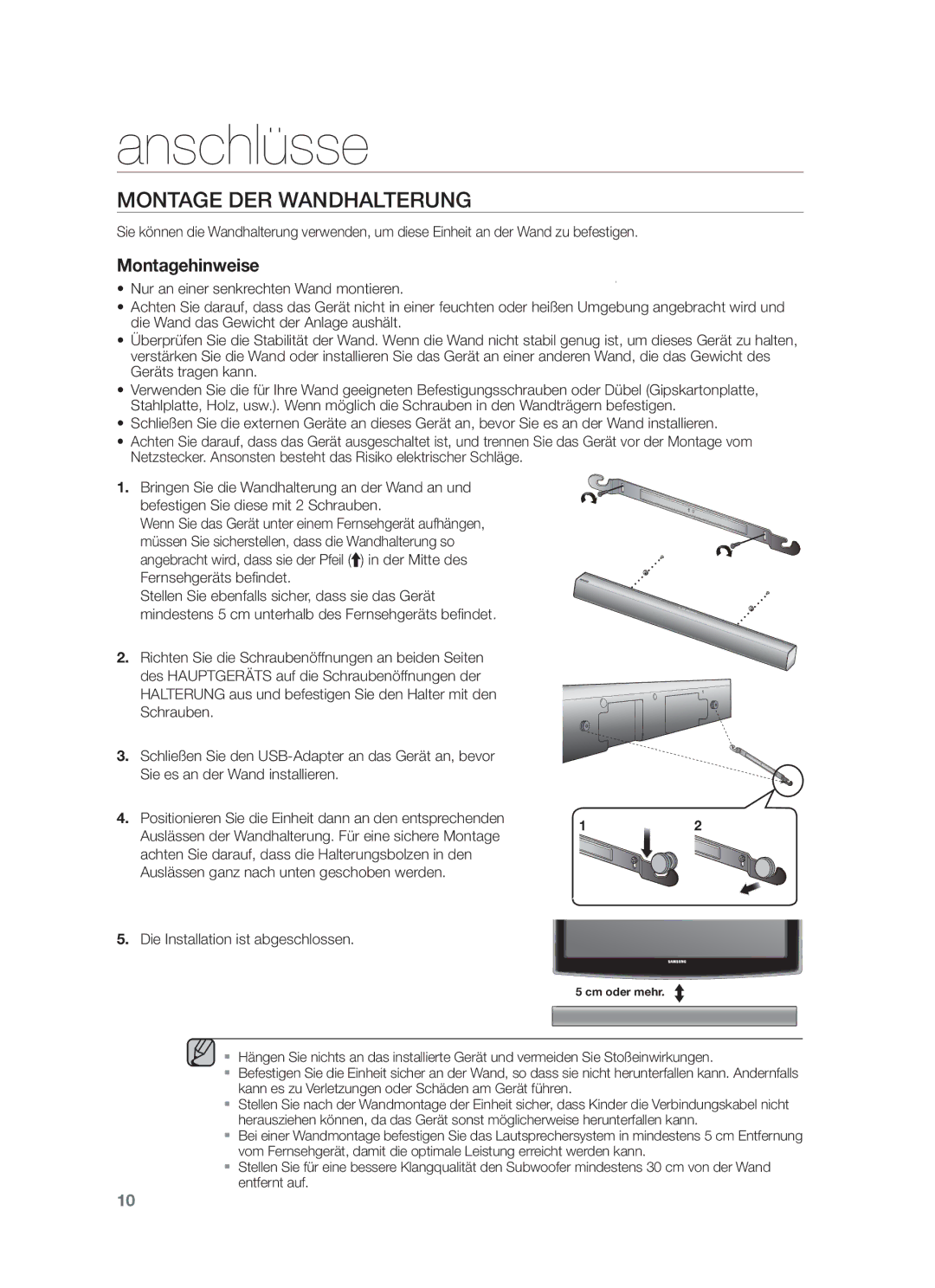 Samsung HW-F550/XN, HW-F551/XN, HW-F551/EN manual Anschlüsse, Montage DER Wandhalterung, Die Installation ist abgeschlossen 