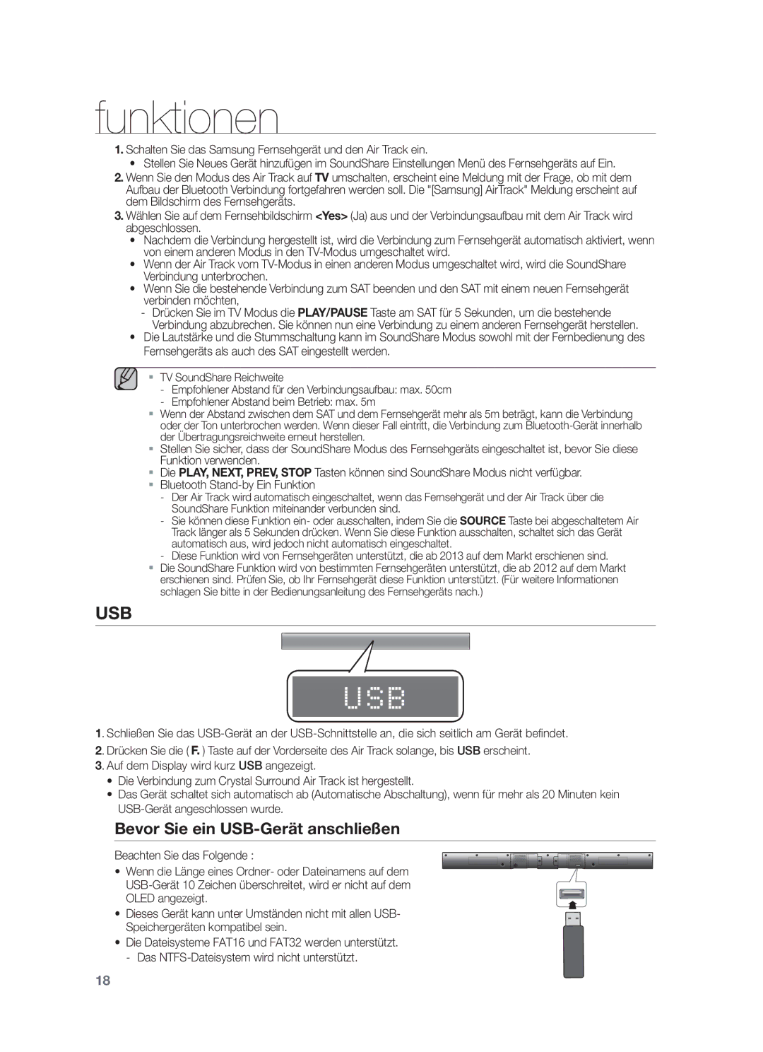 Samsung HW-F551/ZF, HW-F551/XN, HW-F551/EN, HW-F550/EN, HW-F551/TK, HW-F550/XN, HW-F550/ZF Bevor Sie ein USB-Gerät anschließen 