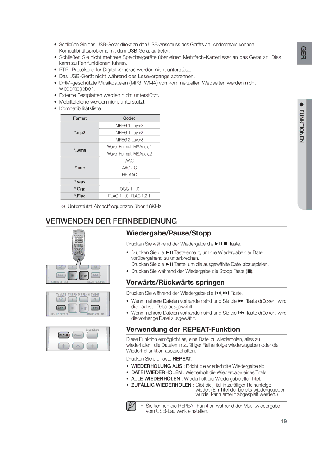 Samsung HW-F550/ZF, HW-F551/XN, HW-F551/EN Verwenden DER Fernbedienung, Wiedergabe/Pause/Stopp, Vorwärts/Rückwärts springen 