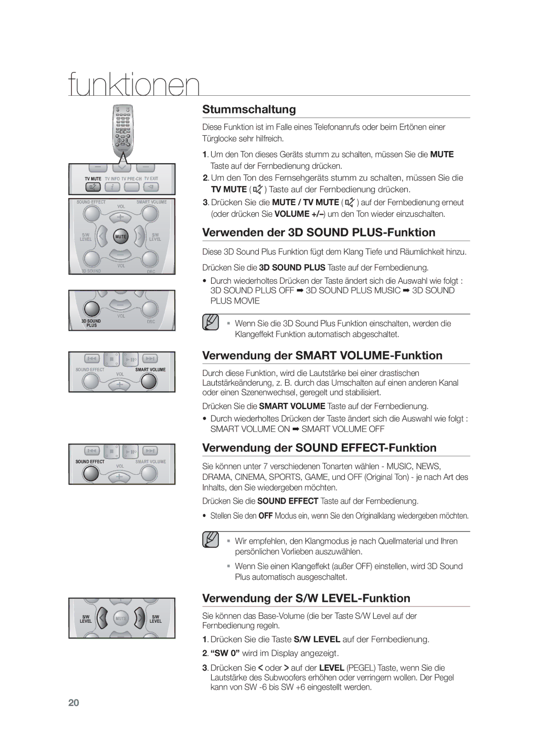 Samsung HW-F551/XN, HW-F551/EN Stummschaltung, Verwenden der 3D Sound PLUS-Funktion, Verwendung der Smart VOLUME-Funktion 