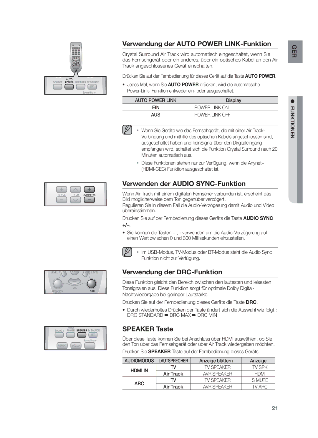 Samsung HW-F551/EN Verwendung der Auto Power LINK-Funktion, Verwenden der Audio SYNC-Funktion, Verwendung der DRC-Funktion 