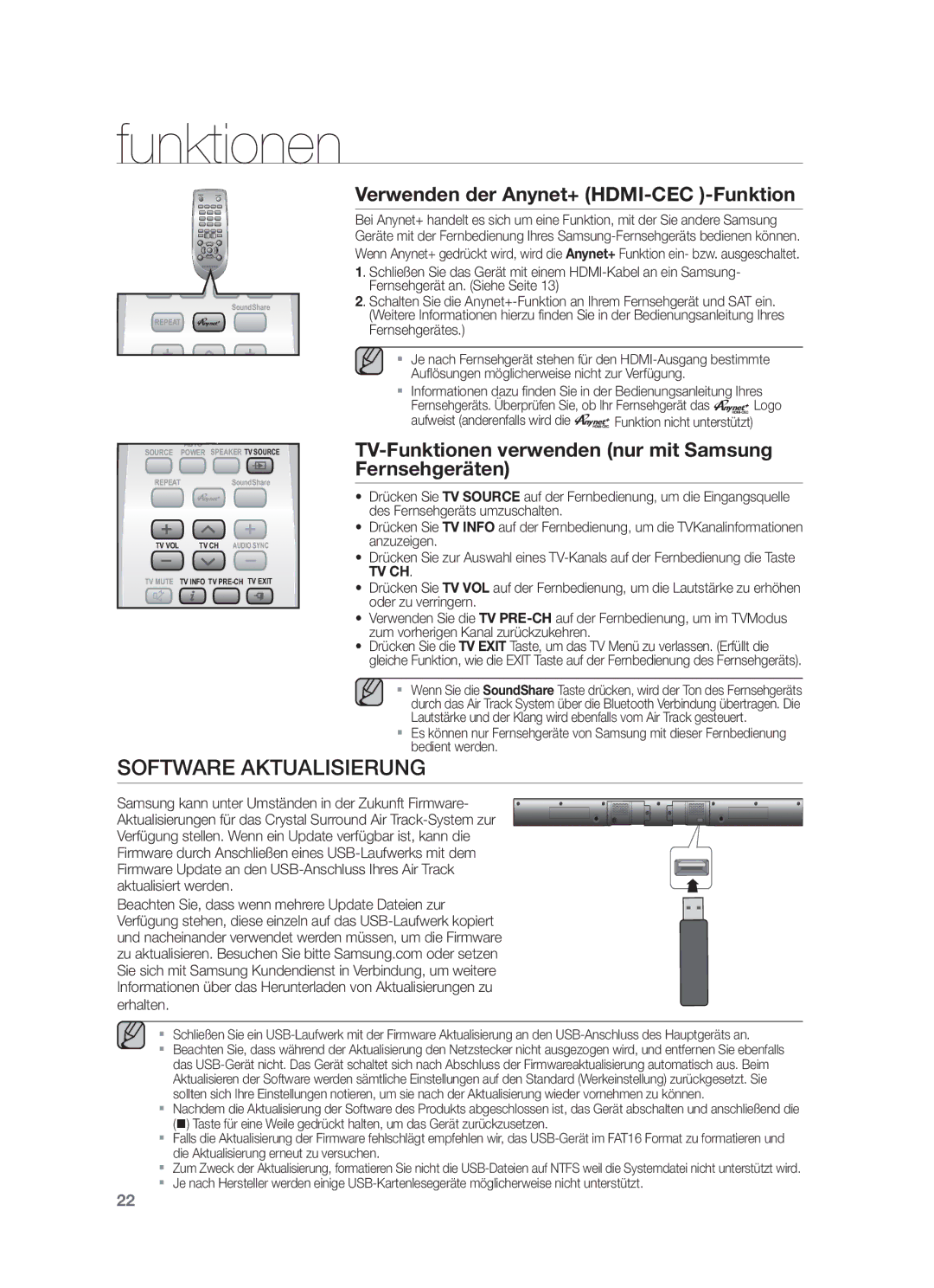 Samsung HW-F550/EN, HW-F551/XN manual Software Aktualisierung, Verwenden der Anynet+ HDMI-CEC -Funktion, Fernsehgerätes 