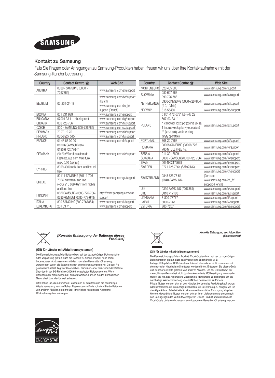 Samsung HW-F551/ZF, HW-F551/XN, HW-F551/EN, HW-F550/EN, HW-F551/TK manual Korrekte Entsorgung der Batterien dieses Produkts 