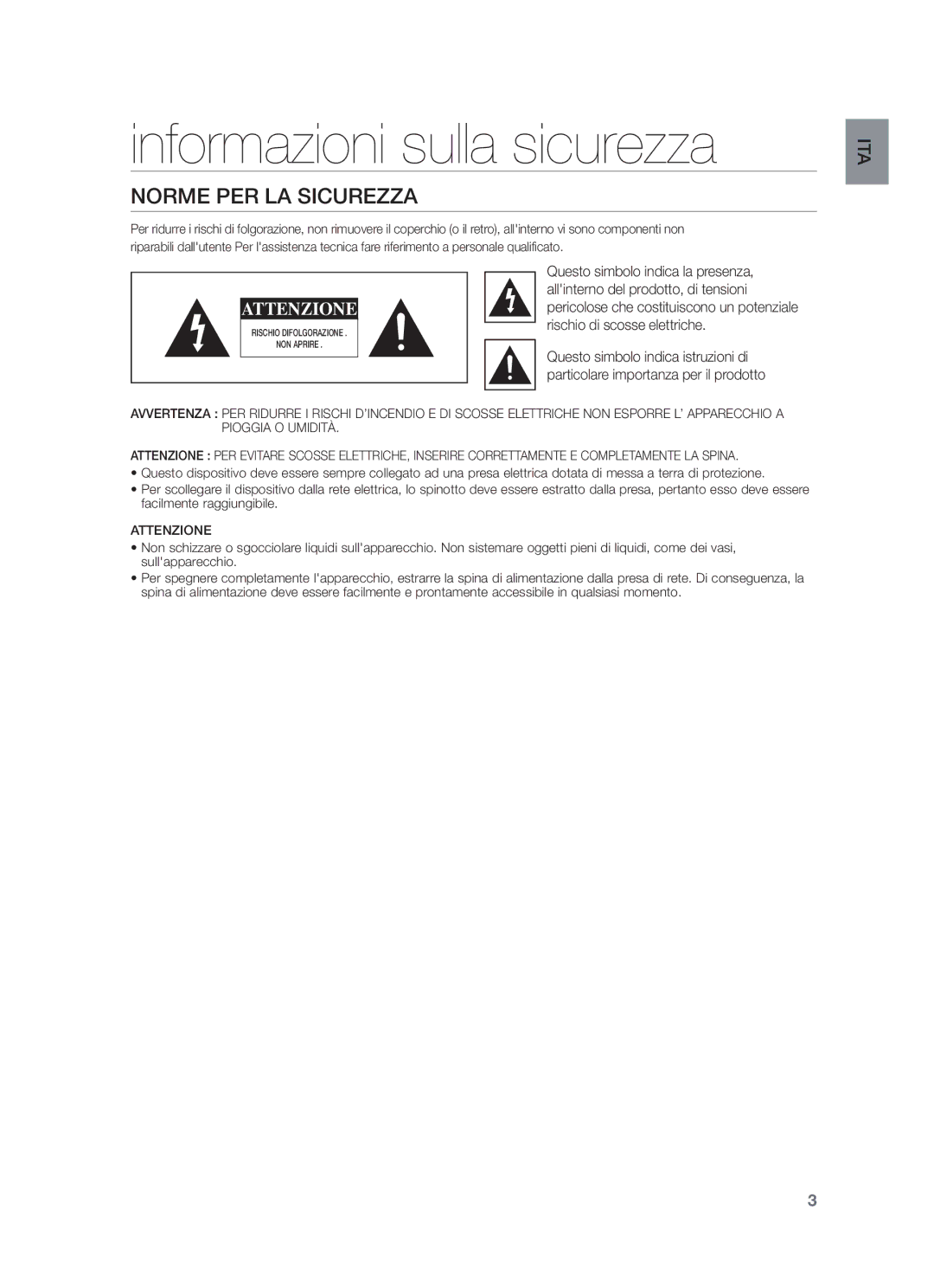 Samsung HW-F551/EN, HW-F551/XN, HW-F550/EN, HW-F551/TK, HW-F550/XN manual Informazioni sulla sicurezza, Norme PER LA Sicurezza 