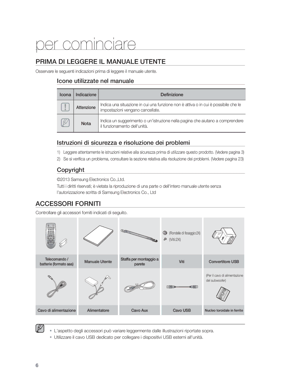 Samsung HW-F550/XN, HW-F551/XN, HW-F551/EN, HW-F550/EN Per cominciare, Prima DI Leggere IL Manuale Utente, Accessori Forniti 