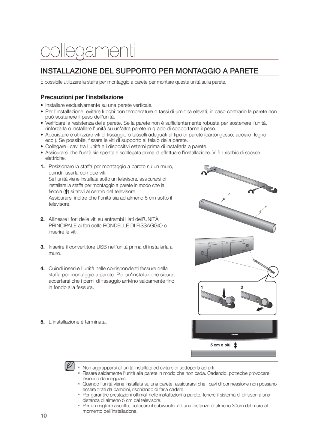 Samsung HW-F551/EN, HW-F551/XN, HW-F550/EN, HW-F551/TK manual Collegamenti, Installazione DEL Supporto PER Montaggio a Parete 