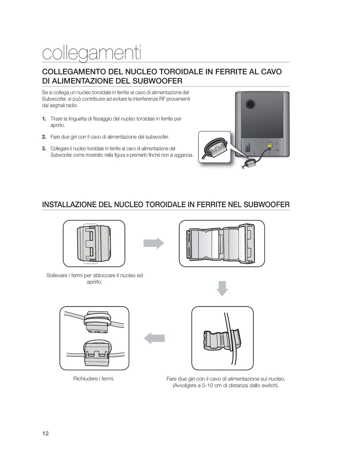 Samsung HW-F551/TK, HW-F551/XN, HW-F551/EN, HW-F550/EN manual Installazione DEL Nucleo Toroidale in Ferrite NEL Subwoofer 