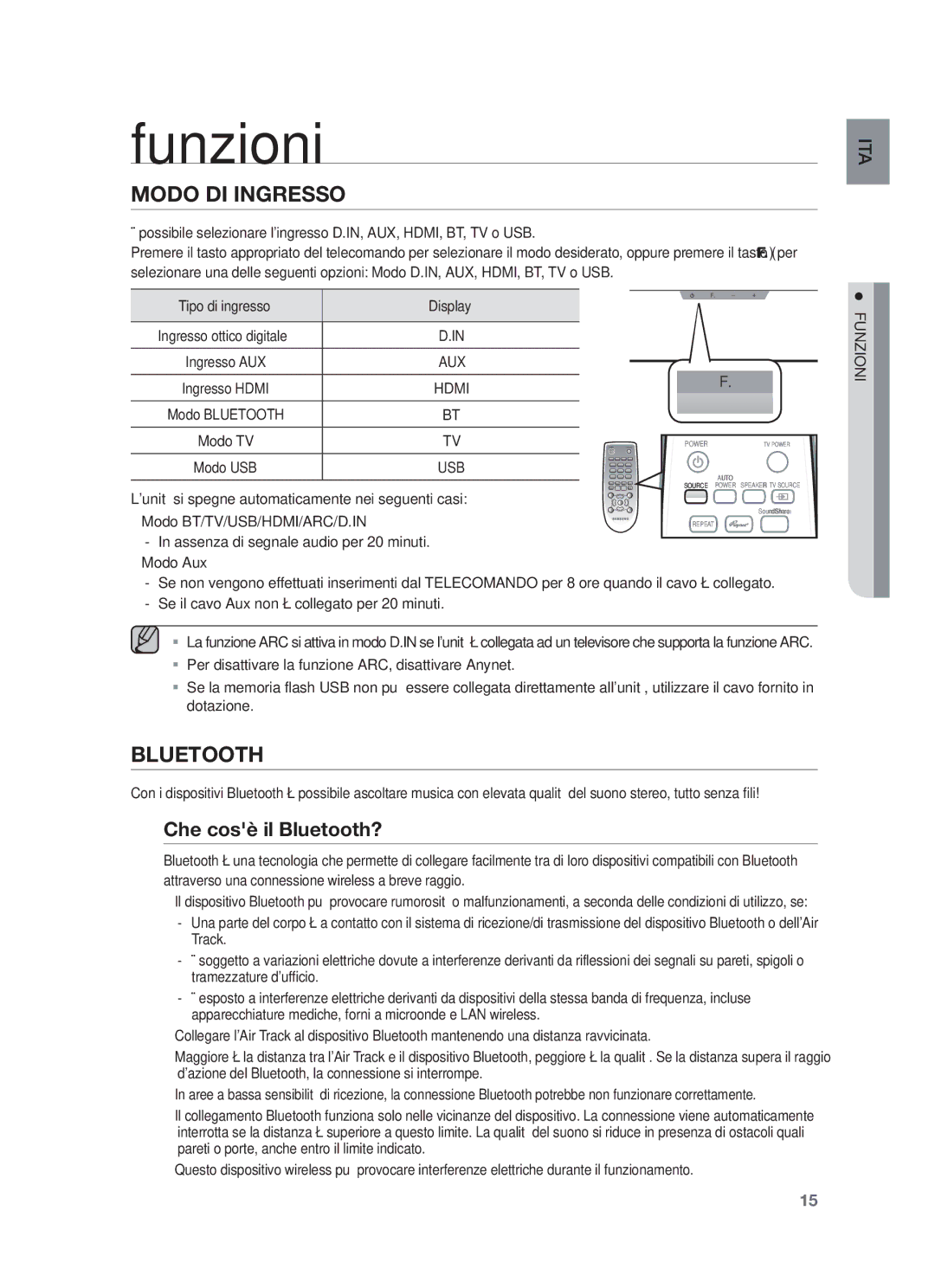 Samsung HW-F550/ZF, HW-F551/XN manual Funzioni, Che cosè il Bluetooth?, Lunità si spegne automaticamente nei seguenti casi 