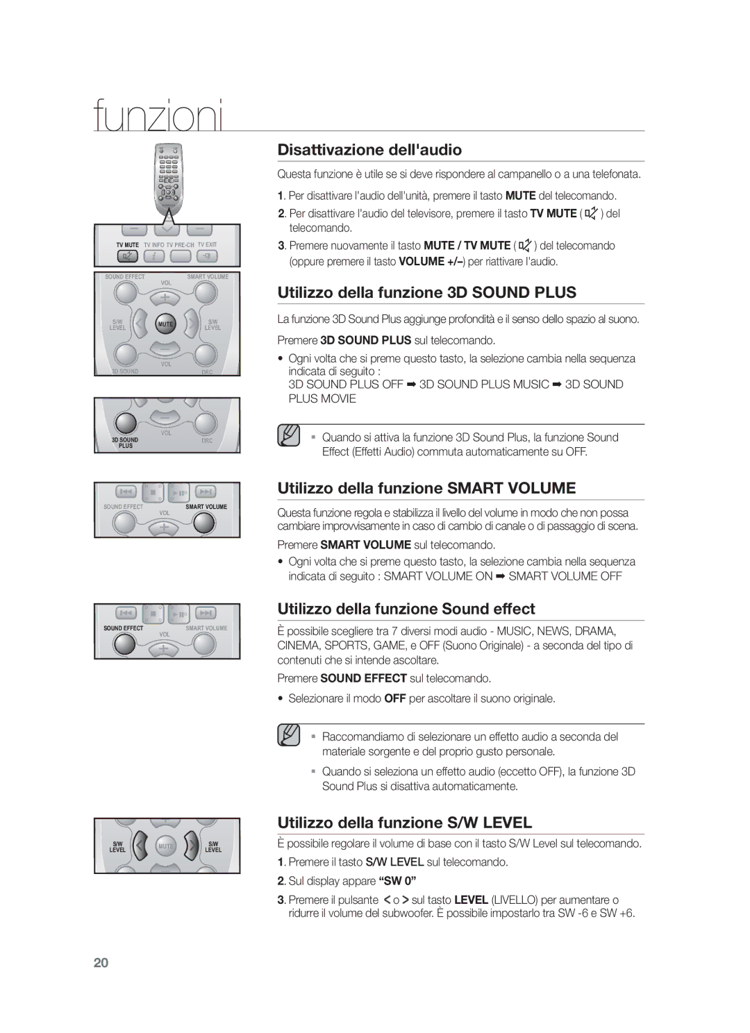 Samsung HW-F550/XN Disattivazione dellaudio, Utilizzo della funzione 3D Sound Plus, Utilizzo della funzione Smart Volume 