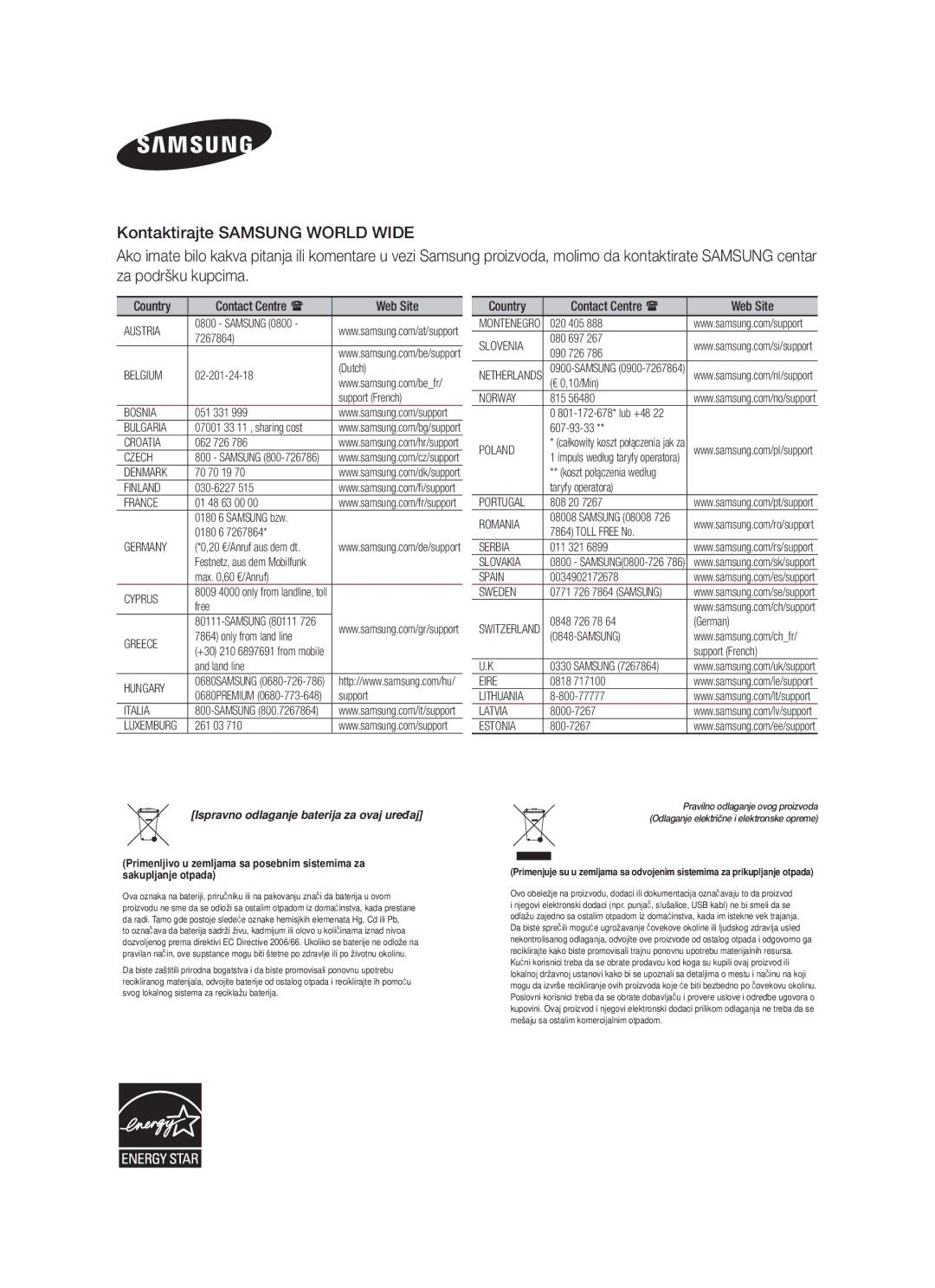 Samsung HW-F550/EN, HW-F551/XN, HW-F551/EN, HW-F551/TK, HW-F550/XN, HW-F551/ZF manual Ispravno odlaganje baterija za ovaj uređaj 