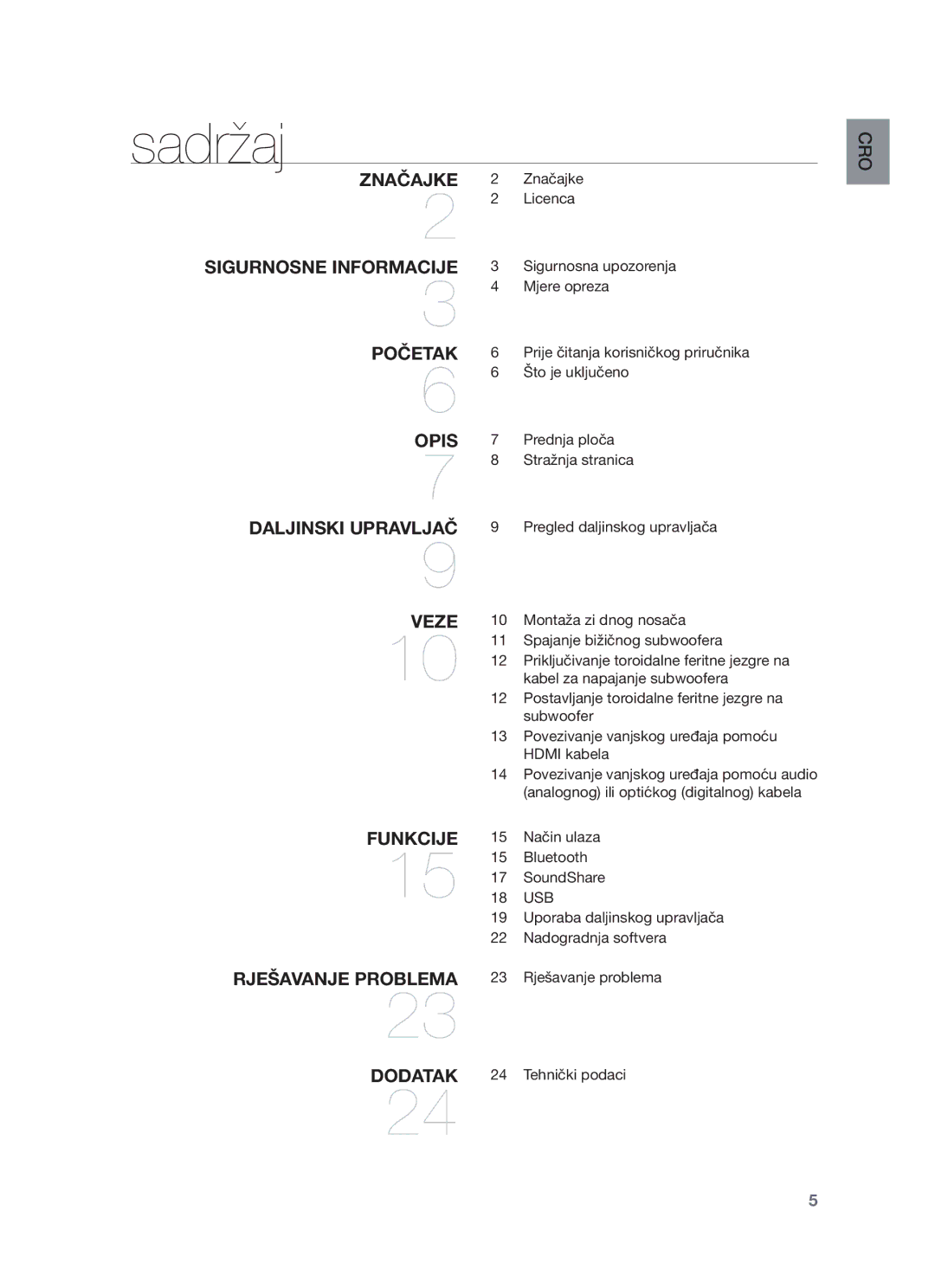 Samsung HW-F551/XN manual Značajke, Mjere opreza, Način ulaza, Nadogradnja softvera, Rješavanje problema, Tehnički podaci 