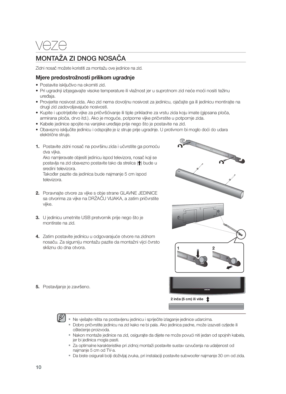 Samsung HW-F551/ZF, HW-F551/XN manual Veze, Montaža ZI Dnog Nosača, Zatim postavite jedinicu u odgovarajuće otvore na zidnom 