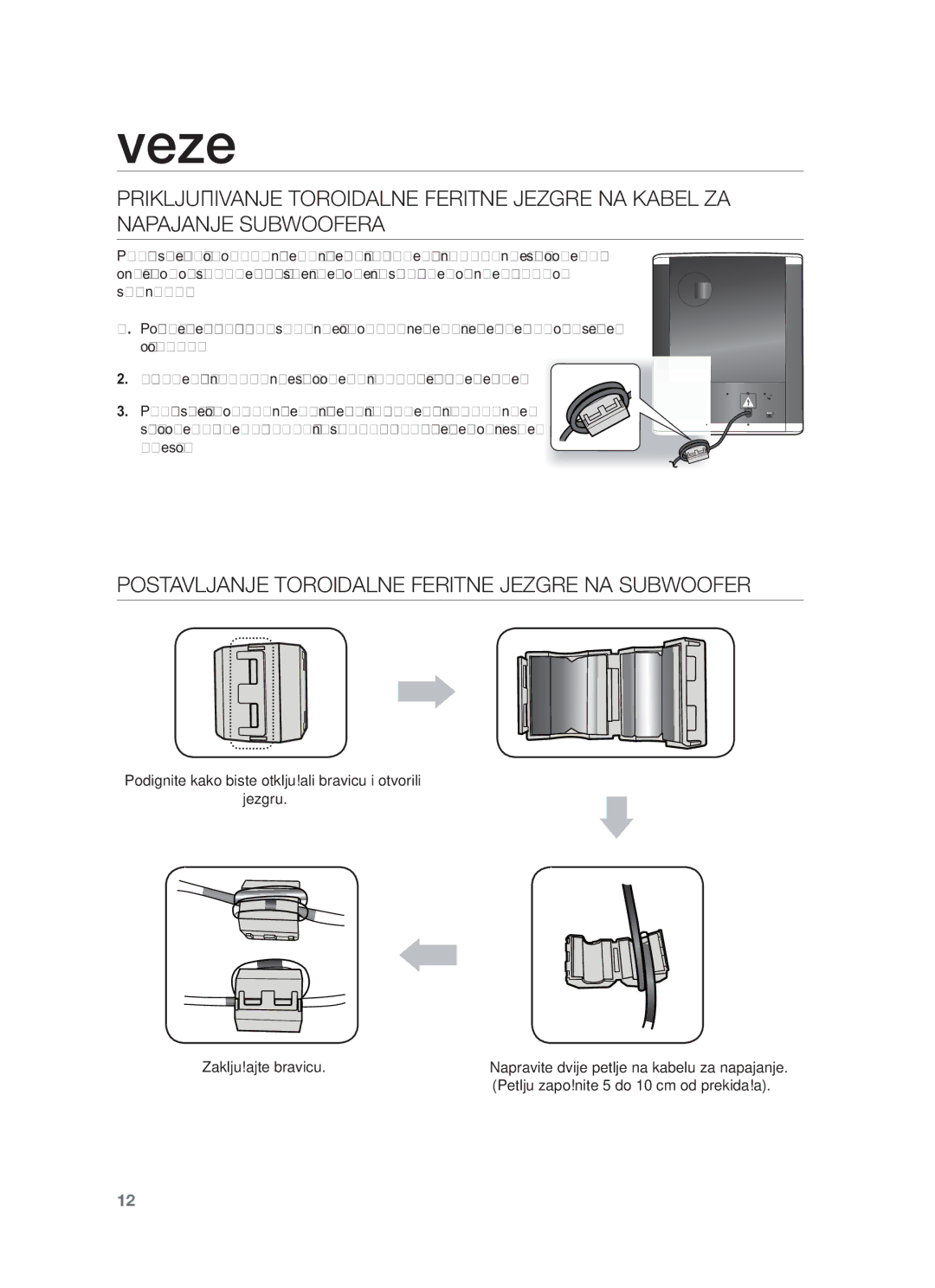 Samsung HW-F551/XN, HW-F551/EN, HW-F550/EN, HW-F551/TK, HW-F550/XN manual Postavljanje Toroidalne Feritne Jezgre NA Subwoofer 