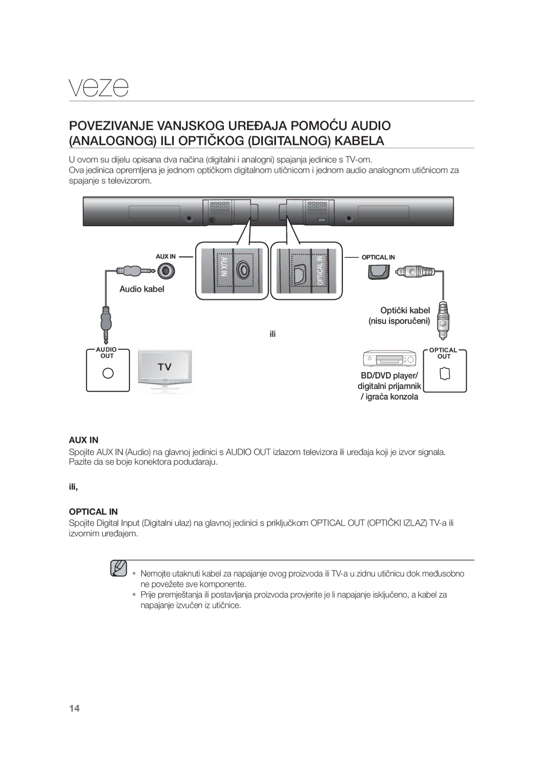 Samsung HW-F550/EN, HW-F551/XN, HW-F551/EN, HW-F551/TK, HW-F550/XN, HW-F551/ZF, HW-F550/ZF manual Audio kabel, Aux 