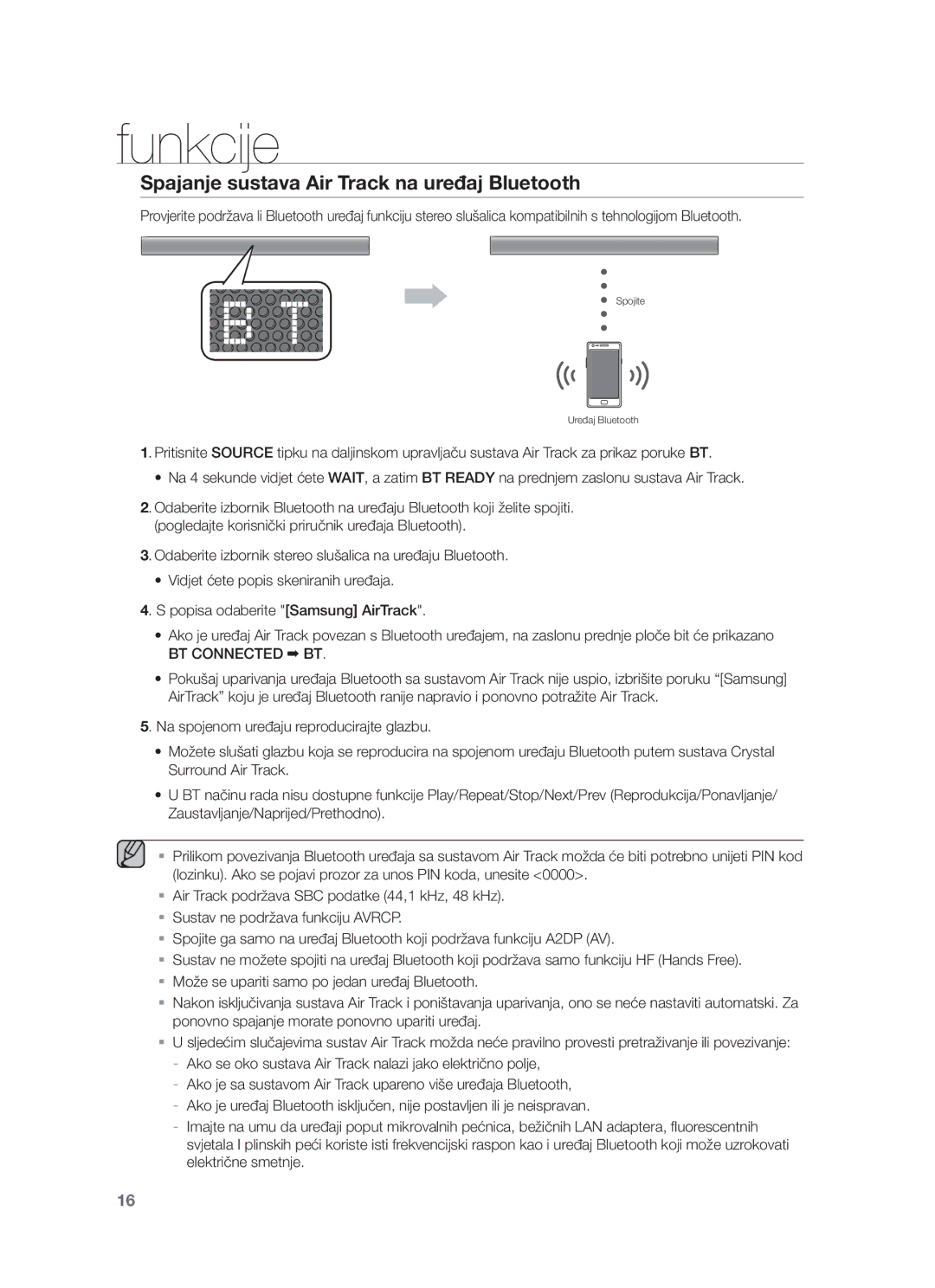 Samsung HW-F550/XN, HW-F551/XN, HW-F551/EN, HW-F550/EN manual Spajanje sustava Air Track na uređaj Bluetooth, BT Connected BT 